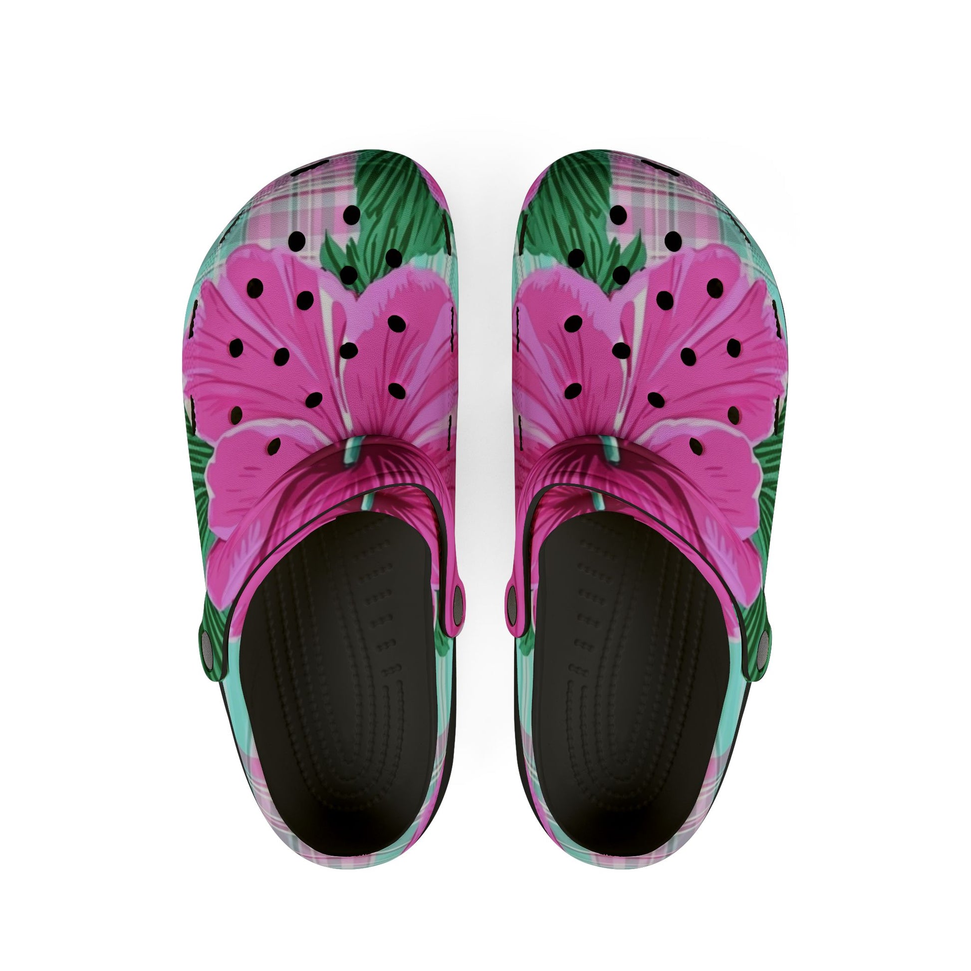 Plaid Hibiscus Pink and Yellow EVA Foam Rubber Shoes (AOP), Artsulli - Art is Long, Life is Short, Shoes, Size, US 6 (Women's), Color, Black, , , 31114128112977890920