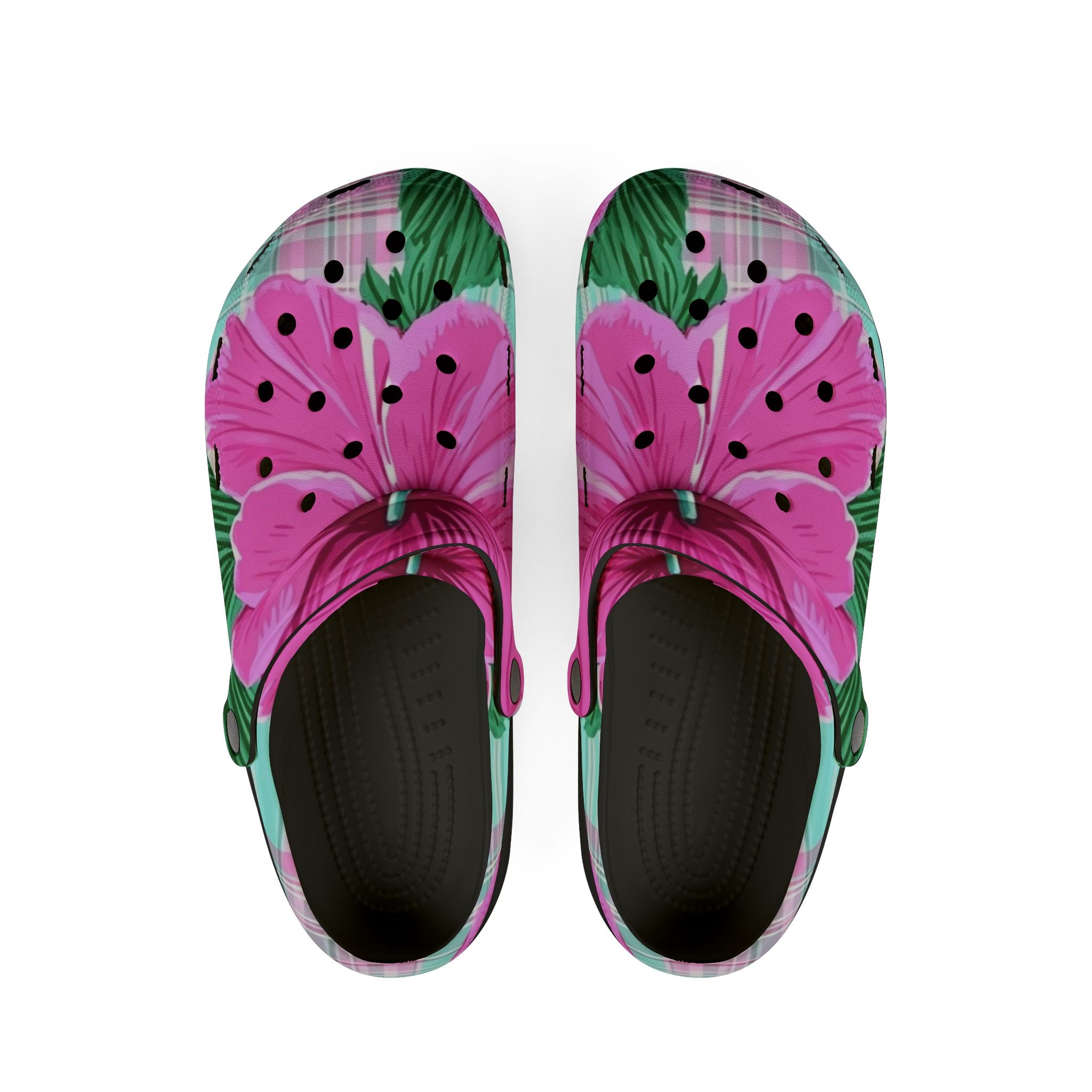 Plaid Hibiscus Pink and Yellow EVA Foam Rubber Shoes (AOP), Artsulli - Art is Long, Life is Short, Shoes, Size, US 6 (Women's), Color, Black, , , 31114128112977890920
