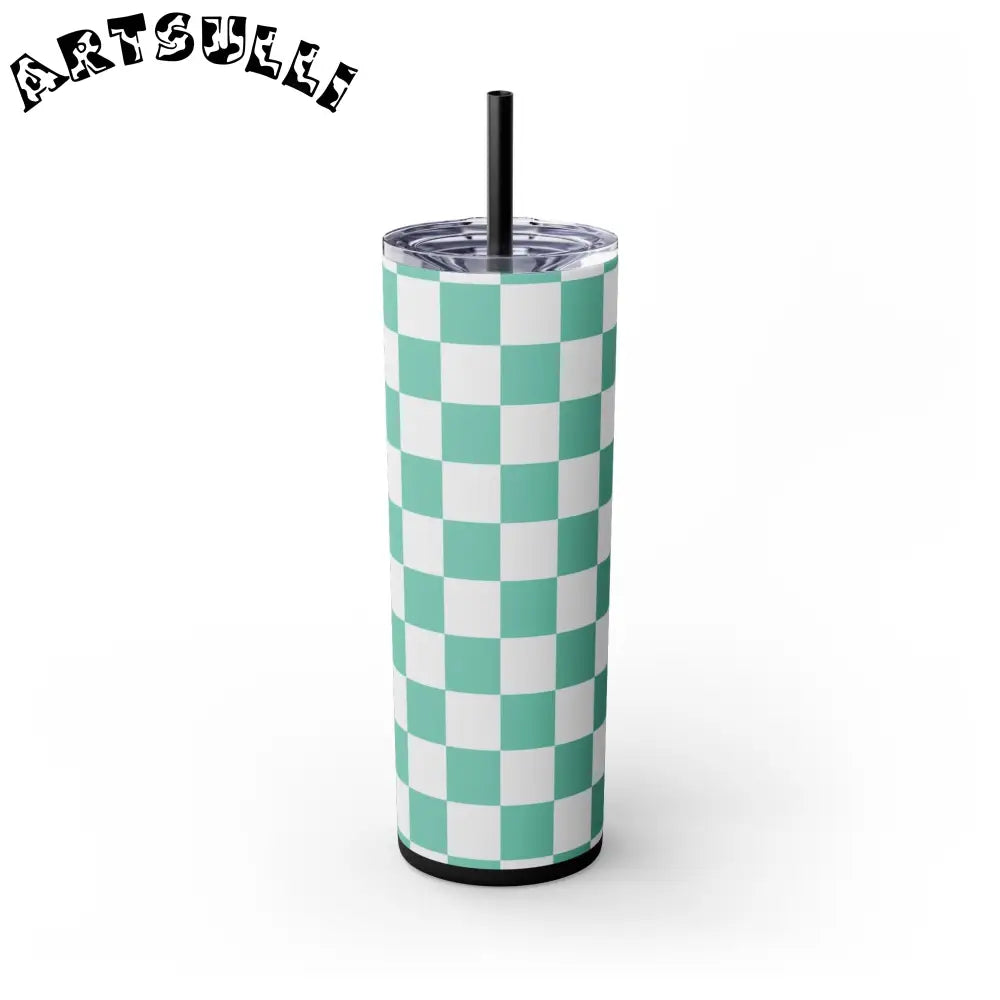 JAKKOUTTHEBXX Checkerboard Light Green Skinny Tumbler with Straw