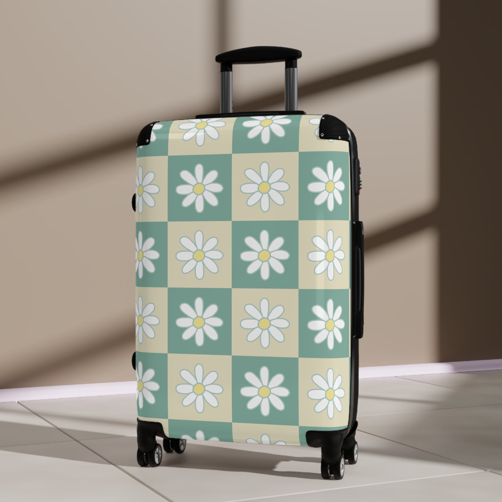 Retro Daisy Checkerboard Green and Tan Suitcase, Artsulli - Art is Long, Life is Short, Bags, , , , , , , 