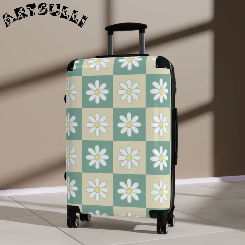 JAKKOUTTHEBXX Retro Daisy Checkerboard Green and Tan Suitcase