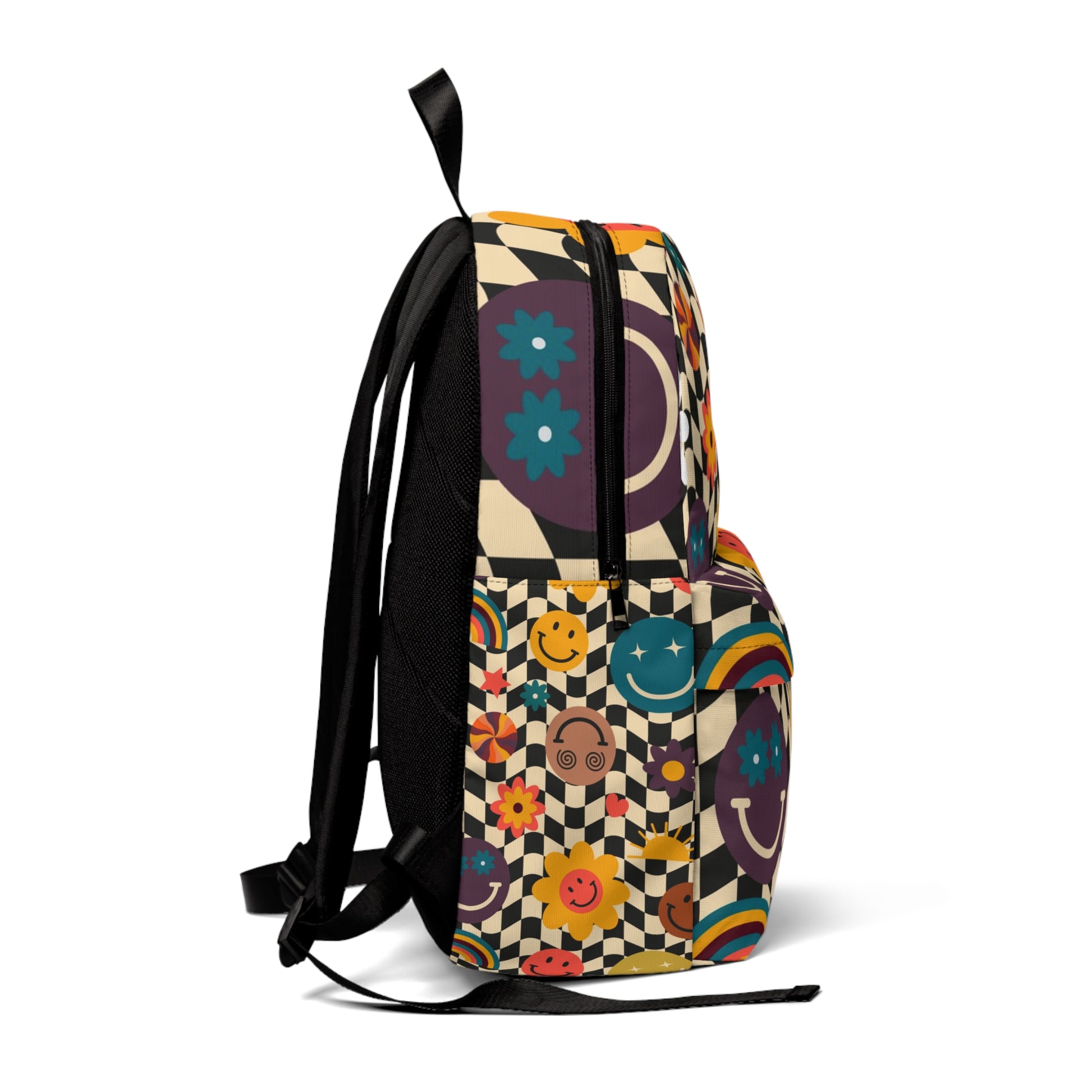 Trippy x Wavy Checkerboard x Smiley Face x Rainbow x Flowers Multi-Color Unisex Classic Backpack, Artsulli - Art is Long, Life is Short, Bags, , , , , , , 