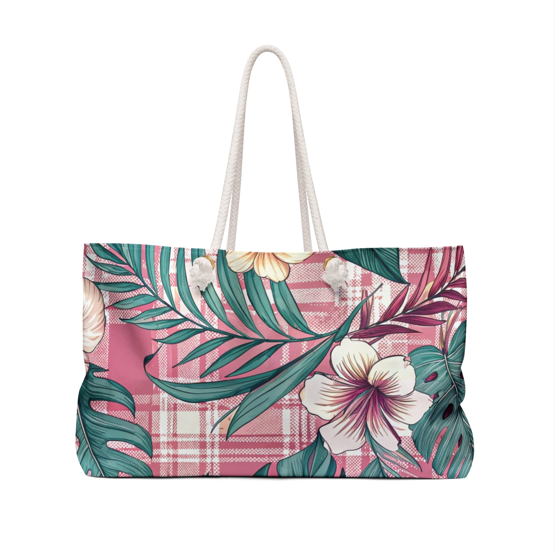 Plaid x Floral Pink and Green Weekender Bag, Artsulli - Art is Long, Life is Short, Bags, , , , , , , 