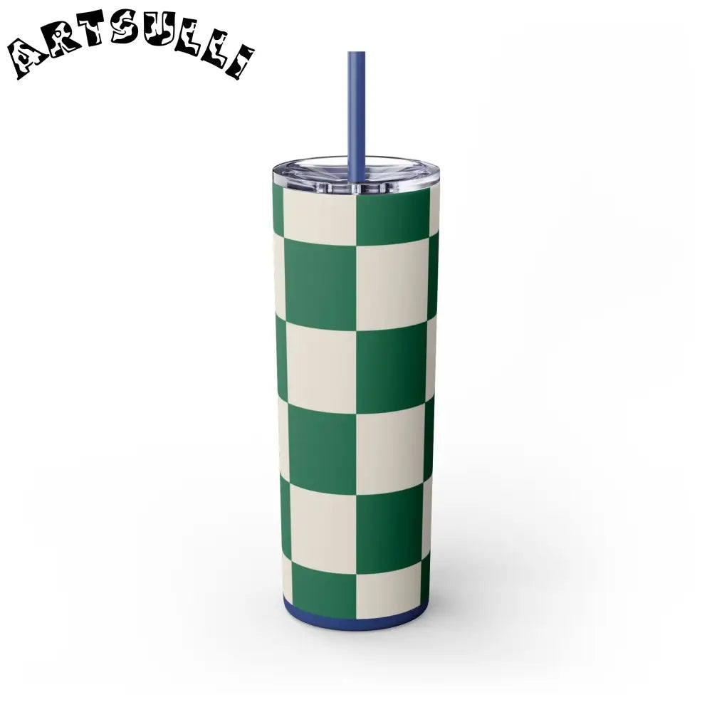 JAKKOUTTHEBXX Checkerboard Dark Green Skinny Tumbler with Straw 20oz