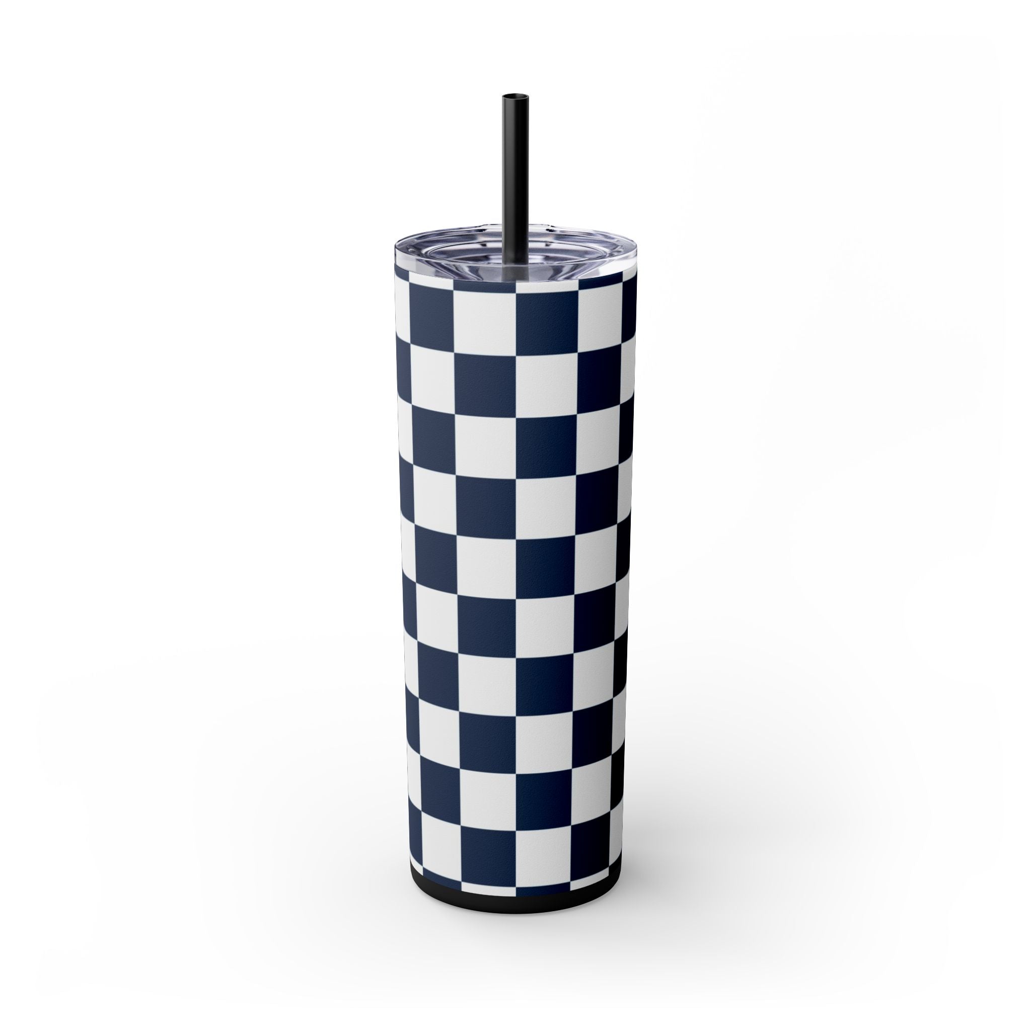 Checkerboard White and Navy Blue Skinny Tumbler with Straw, 20oz, Artsulli - Art is Long, Life is Short, Mug, Finish, Matte, Color, Black, Size, 20oz, 48888515914522630768