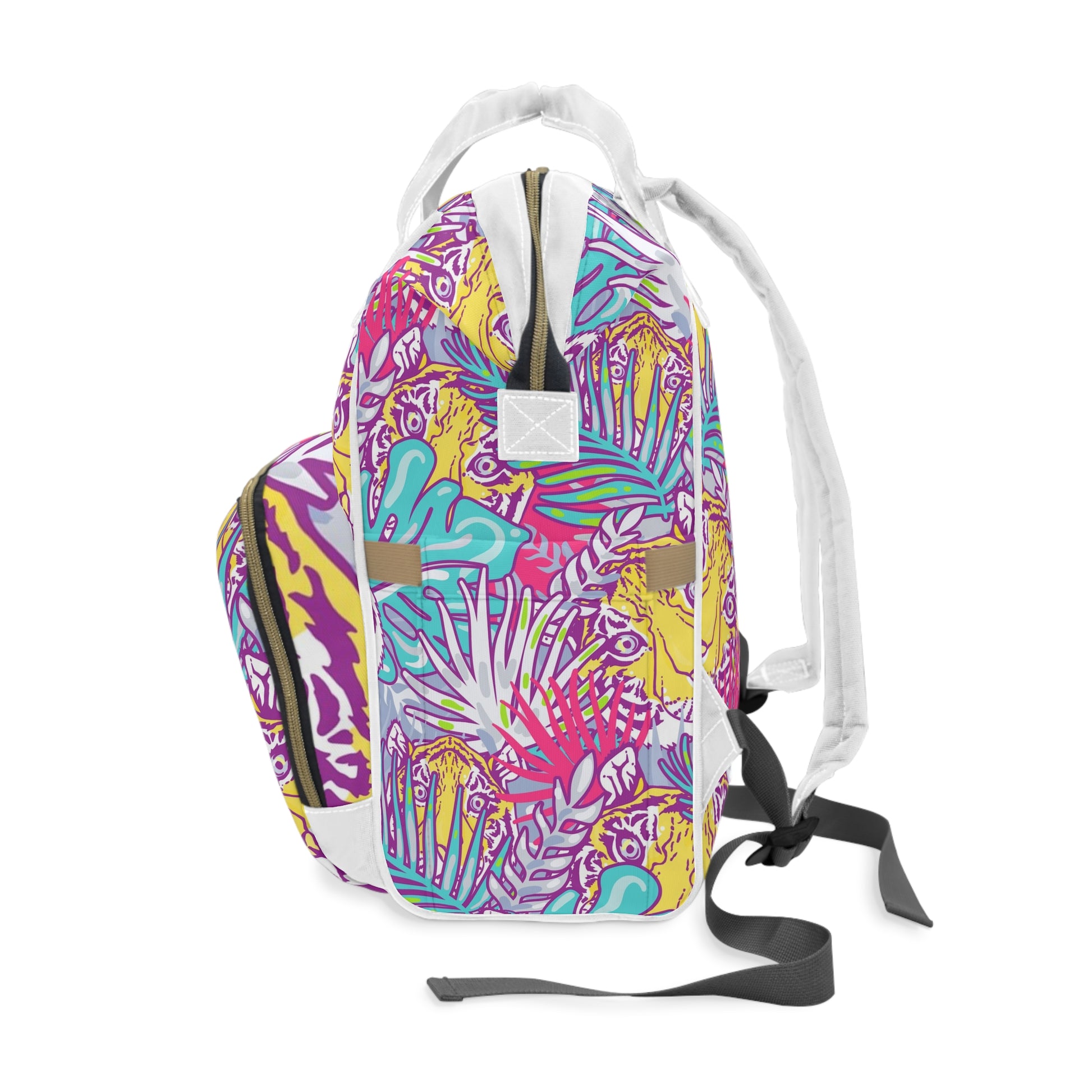 Tropical Floral Tigers Torquise and Purple Multifunctional Diaper Backpack, Artsulli - Art is Long, Life is Short, Bags, , , , , , , 