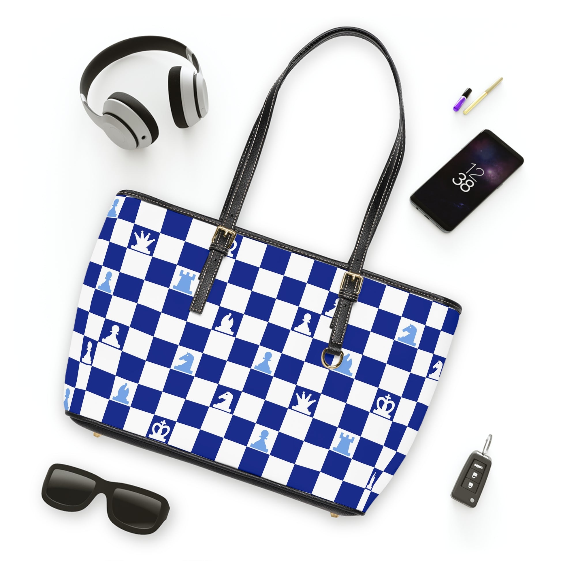 Chessboard Navy Blue PU Leather Shoulder Bag, Artsulli - Art is Long, Life is Short, Bags, , , , , , , 