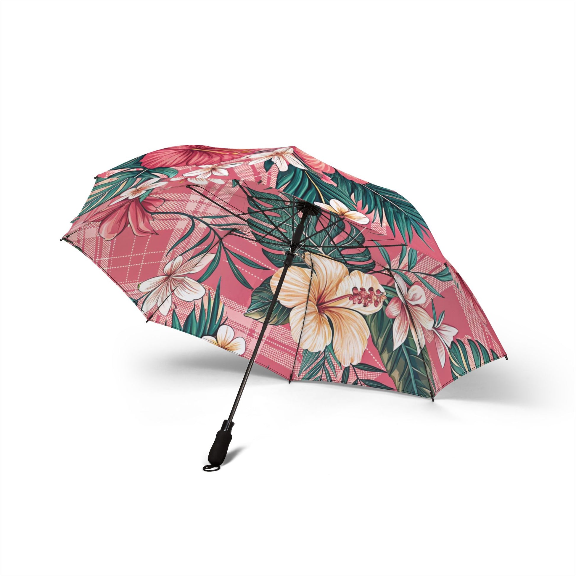 Plaid x Floral Burgundy and Green Semi-Automatic Foldable Umbrella, Artsulli - Art is Long, Life is Short, Accessories, , , , , , , 