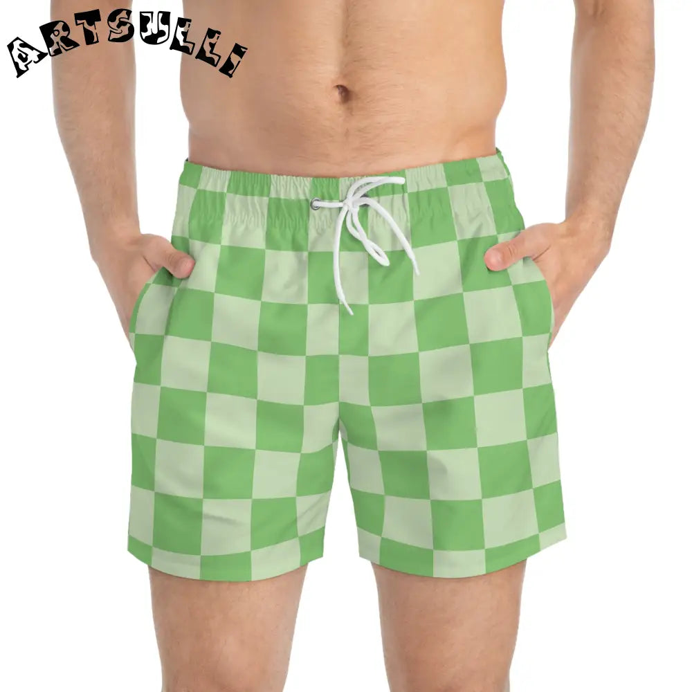 JAKKOUTTHEBXX Checkerboard Green Swim Trunks (AOP) JAKKOUTTHEBXX