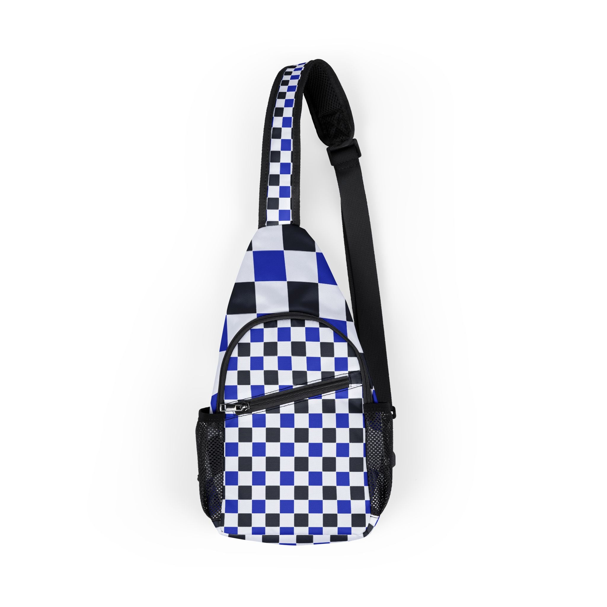 Checkerboard White Blue and Black Chest Bag (AOP), Artsulli - Art is Long, Life is Short, Bags, Size, One size, , , , , 86976274344967340413