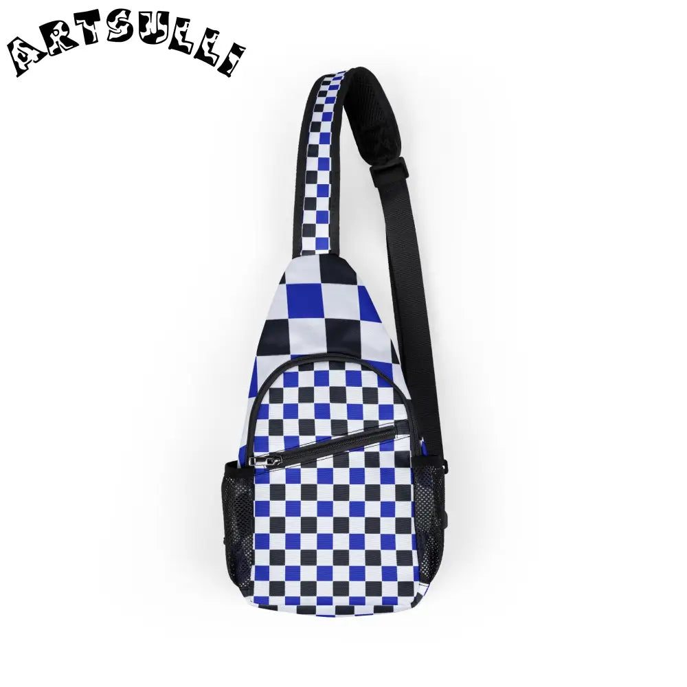 JAKKOUTTHEBXX Checkerboard White Blue and Black Chest Bag (AOP)