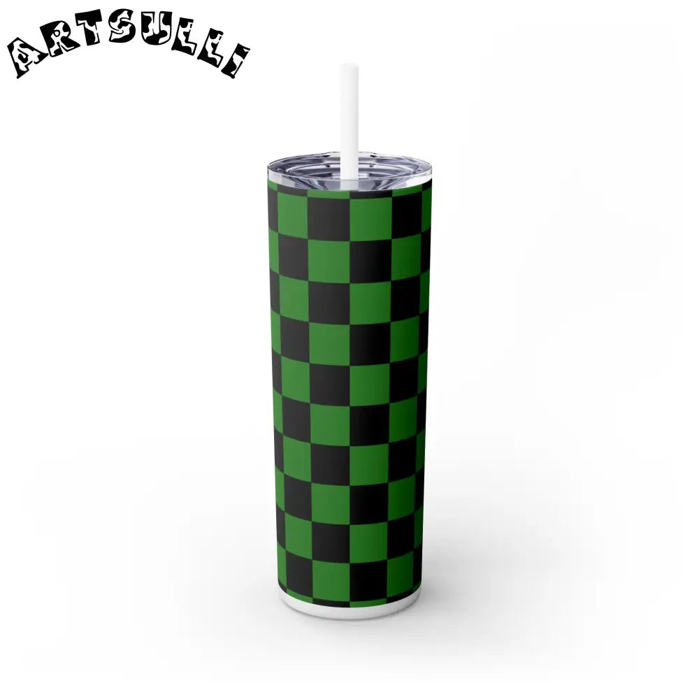 JAKKOUTTHEBXX Checkerboard Green and Black Skinny Tumbler with Straw