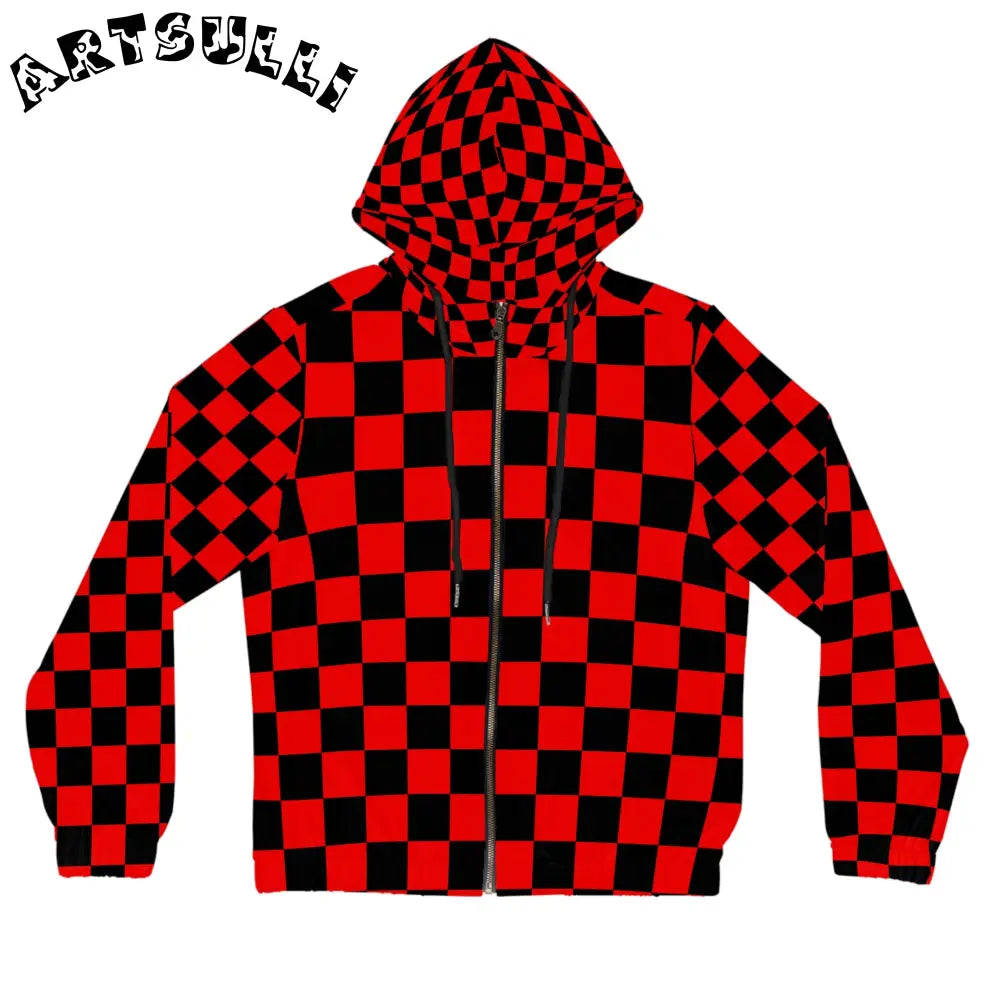 JAKKOUTTHEBXX Checkerboard Red and Black Women’s Full-Zip Hoodie