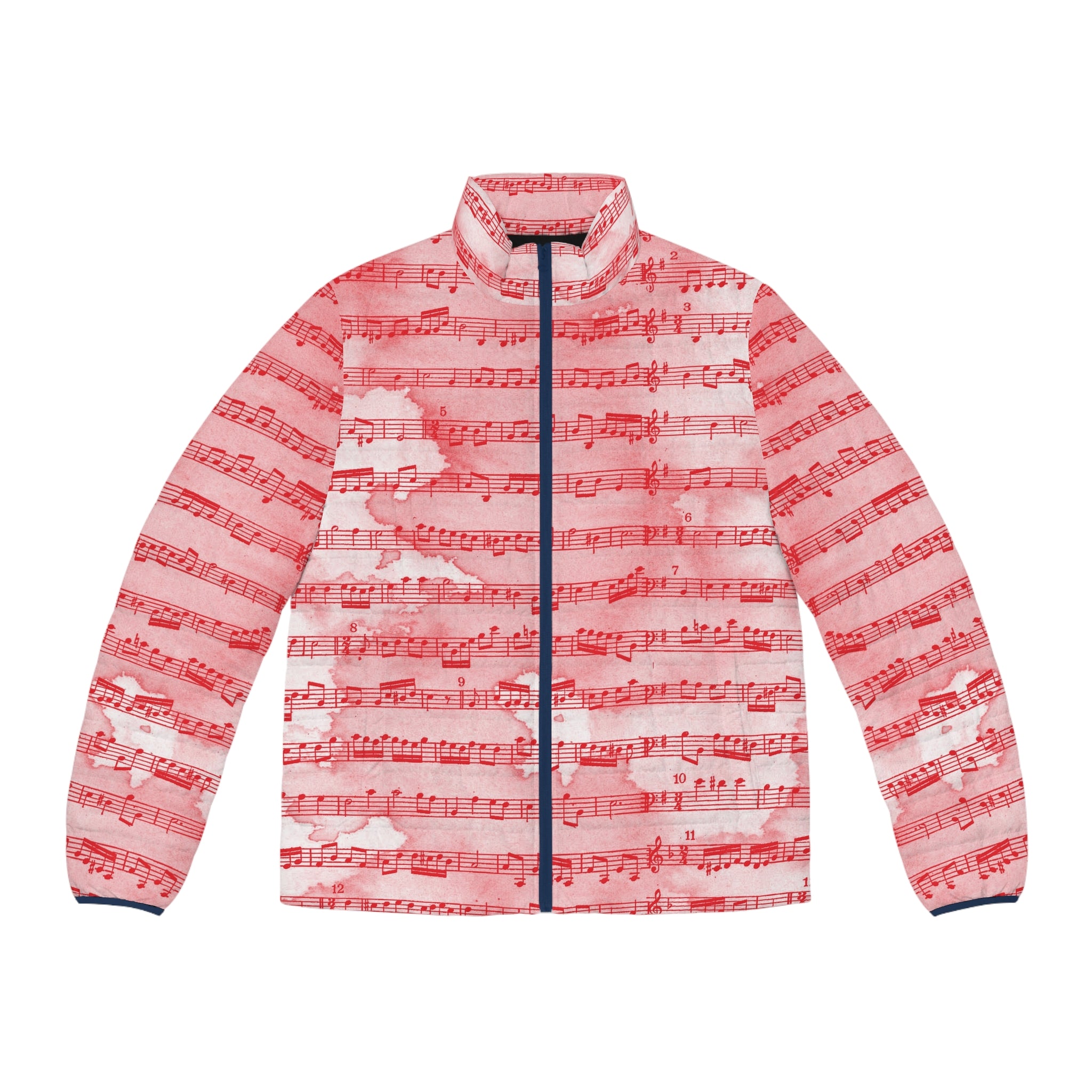 Drip Spill Type Beat Sheet Music Red Men's Puffer Jacket (AOP), Artsulli - Art is Long, Life is Short, All Over Prints, Size, S, Color, Dark blue zipper, , , 61958482820828647775