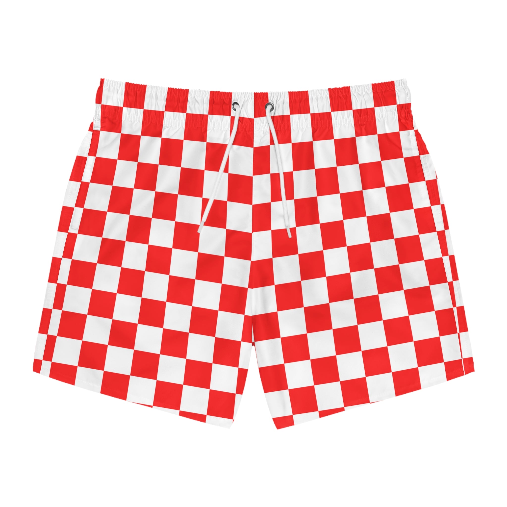 Checkerboard II Red and White Swim Trunks (AOP), Artsulli - Art is Long, Life is Short, All Over Prints, Size, XS, Color, Seam thread color automatically matched to design, , , 28773067283483337245