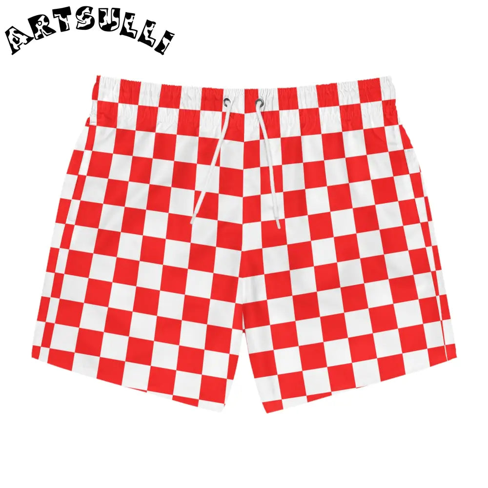 JAKKOUTTHEBXX Checkerboard II Red and White Swim Trunks (AOP)
