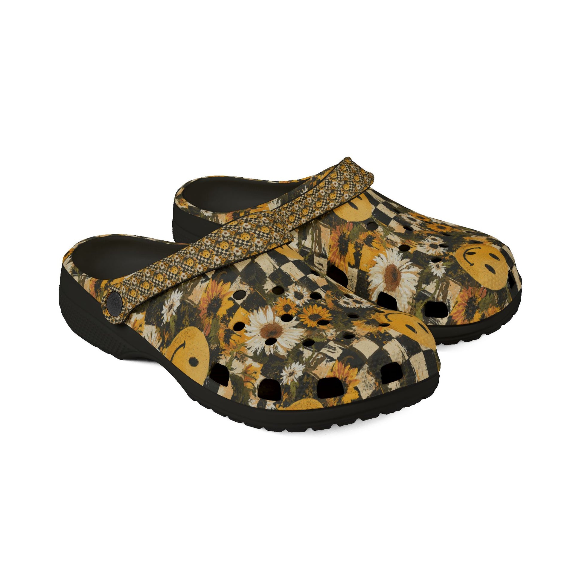 Smiley Face x Checkerboard x Sunflowers x Trippy x Vintage Black and Yellow EVA Foam Rubber Shoes (AOP), Artsulli - Art is Long, Life is Short, Shoes, , , , , , , 