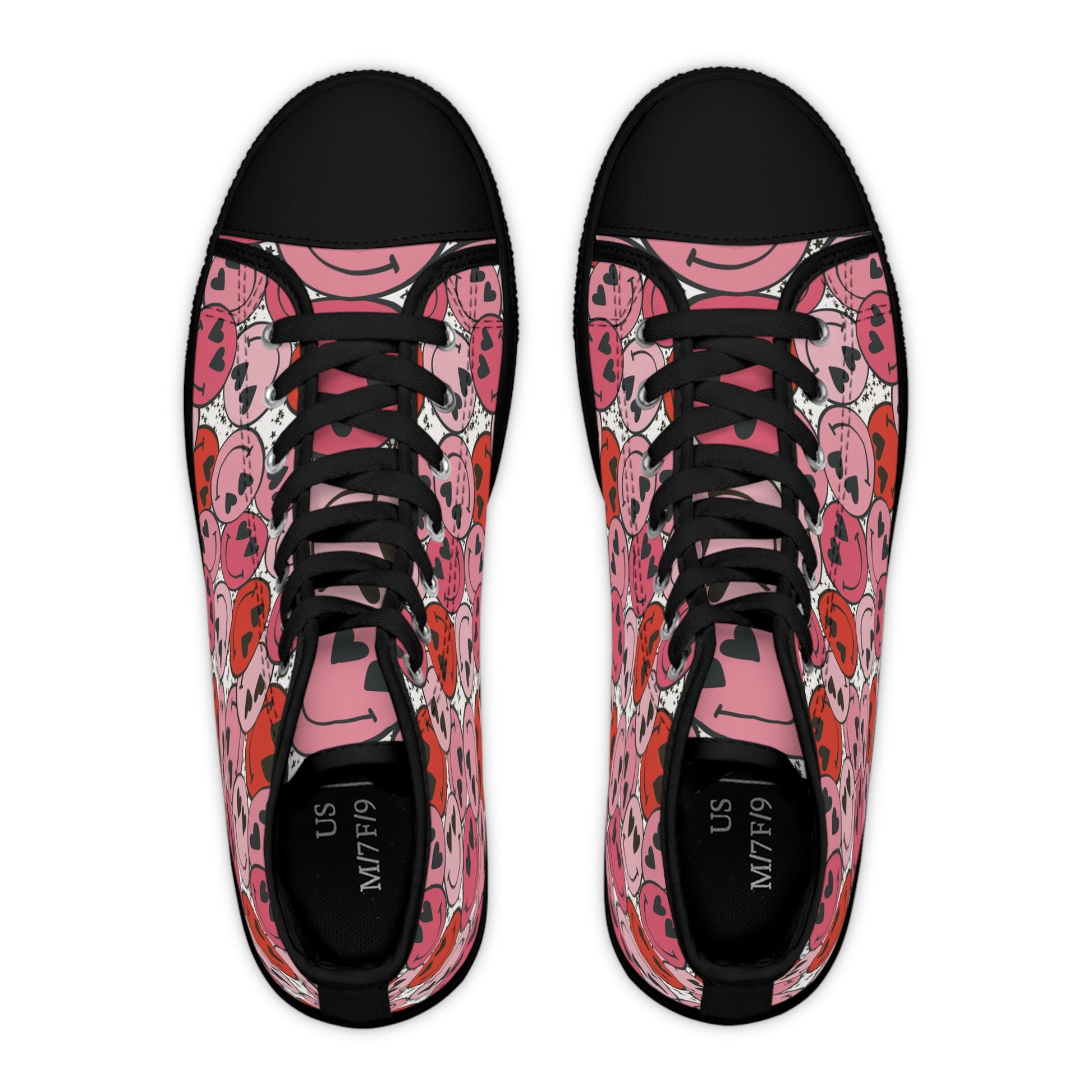 Smiley Face x Heart Eyes II Pink and Red Women's High Top Sneakers, Artsulli - Art is Long, Life is Short, Shoes, , , , , , , 