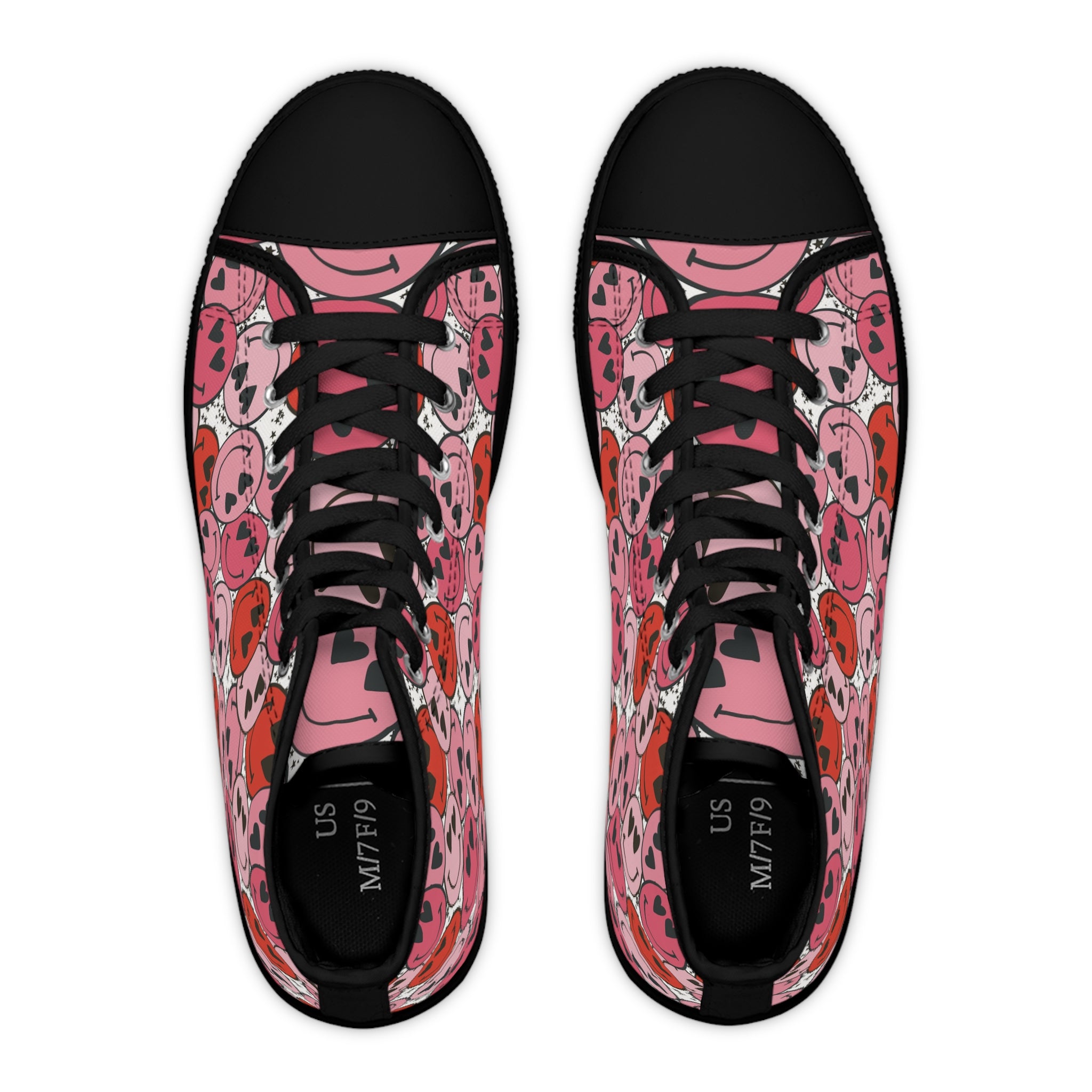 Smiley Face x Heart Eyes II Pink and Red Women's High Top Sneakers, Artsulli - Art is Long, Life is Short, Shoes, , , , , , , 
