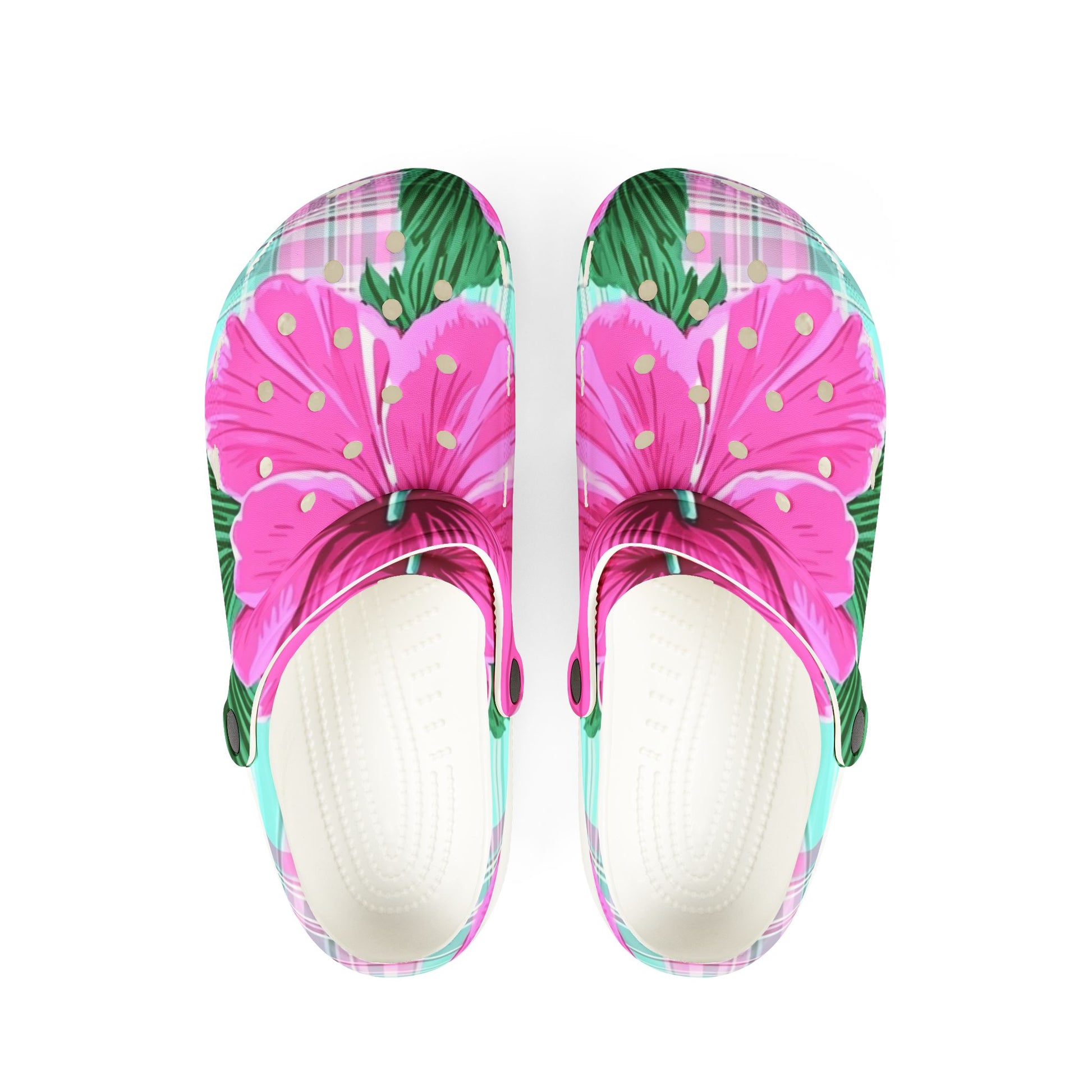 Plaid Hibiscus Pink and Yellow EVA Foam Rubber Shoes (AOP), Artsulli - Art is Long, Life is Short, Shoes, Size, US 6 (Women's), Color, White, , , 50323153933911598513