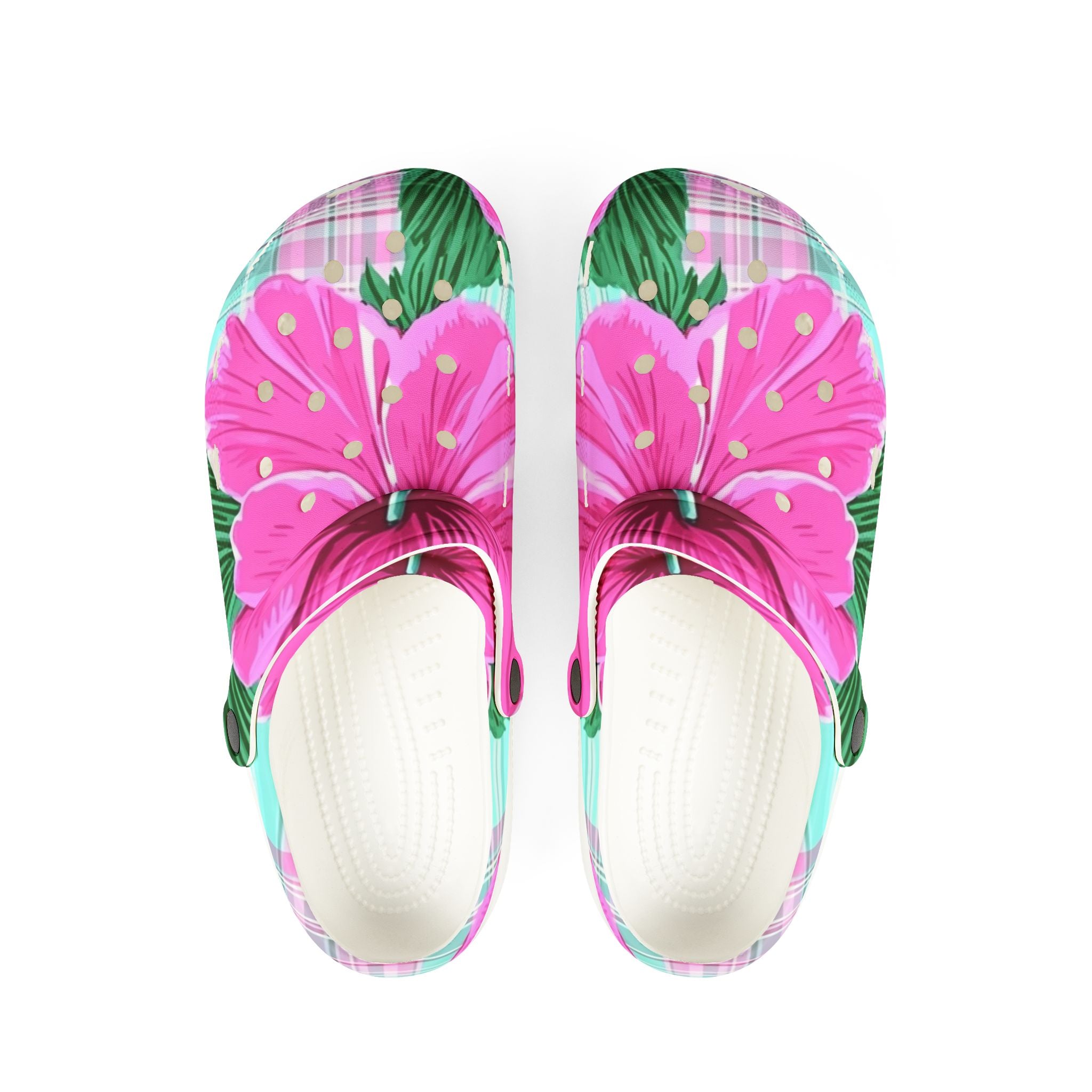 Plaid Hibiscus Pink and Yellow EVA Foam Rubber Shoes (AOP), Artsulli - Art is Long, Life is Short, Shoes, Size, US 6 (Women's), Color, White, , , 50323153933911598513