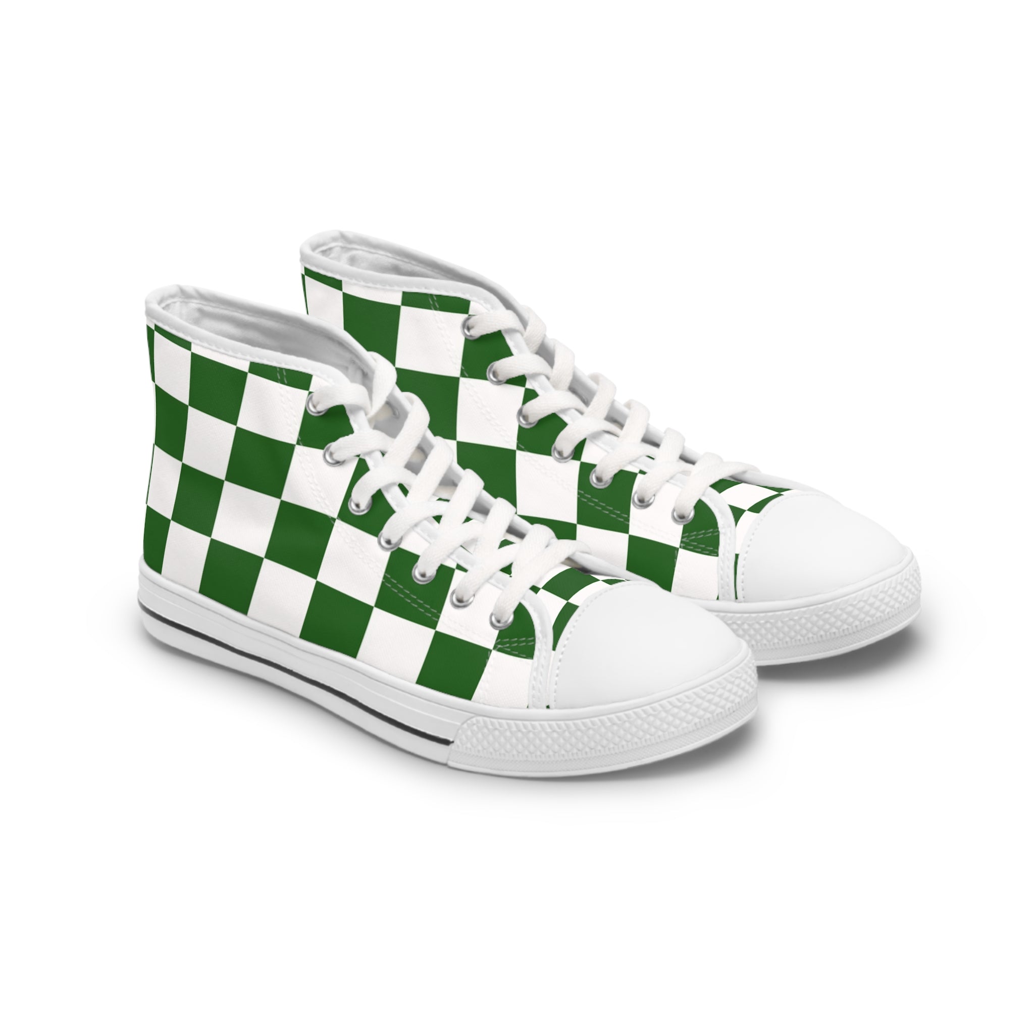Checkerboard White and Dark Green Women's High Top Sneakers, Artsulli - Art is Long, Life is Short, Shoes, Size, US 5.5, Color, White sole, , , 84338556372578177454