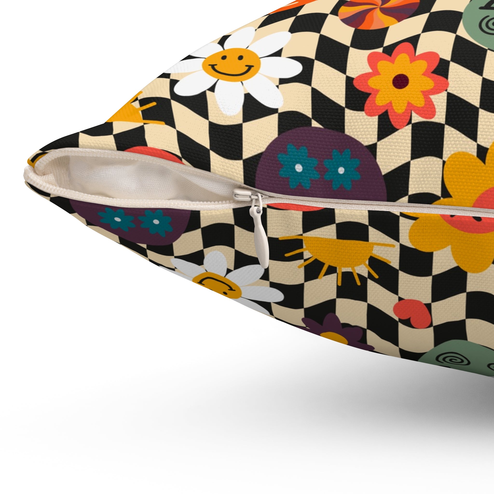 Trippy x Wavy Checkerboard x Smiley Face x Rainbow x Flowers Multi-Color Spun Polyester Square Pillow, Artsulli - Art is Long, Life is Short, Home Decor, , , , , , , 