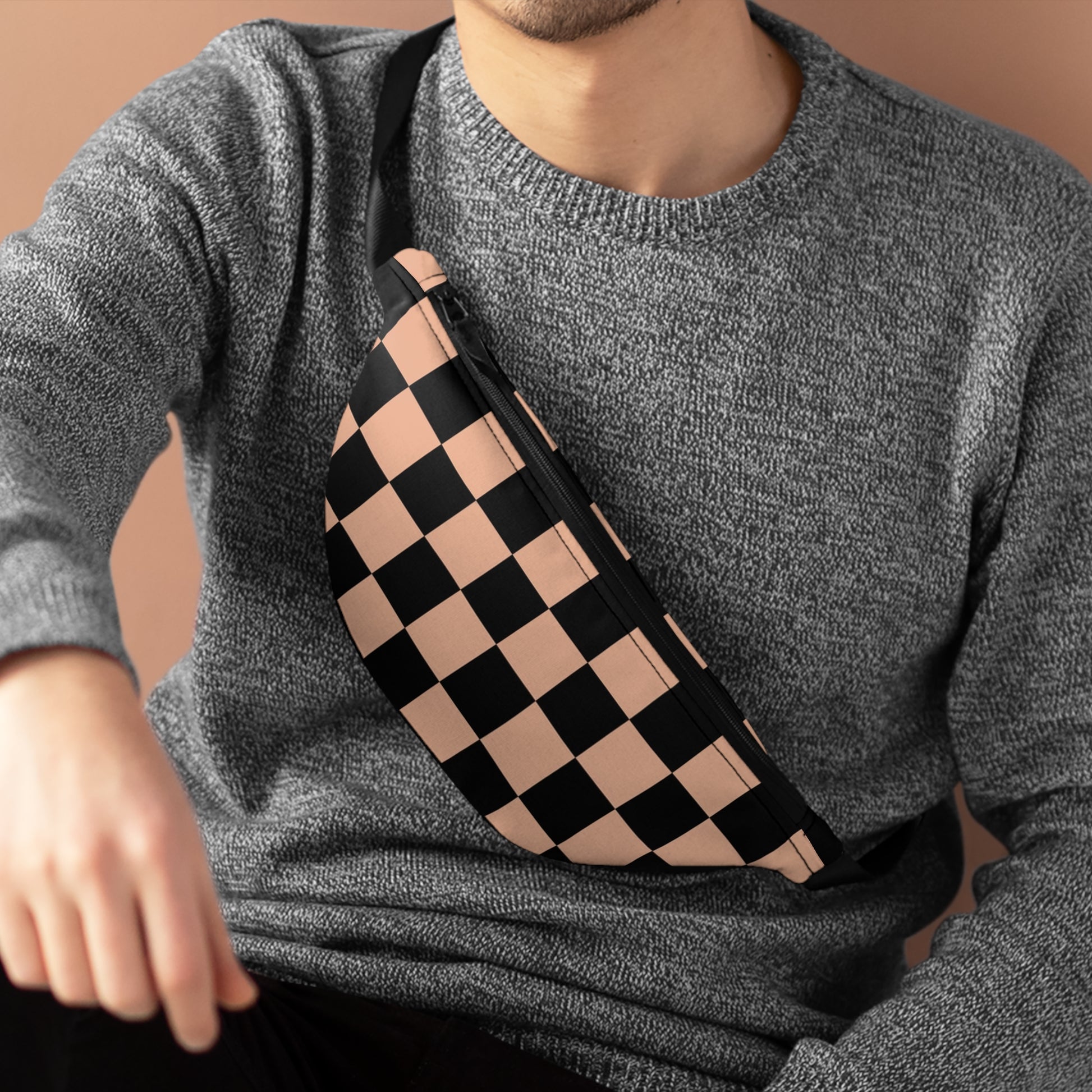 Checkerboard Soft Orange and Black Fanny Pack, Artsulli - Art is Long, Life is Short, Bags, , , , , , , 