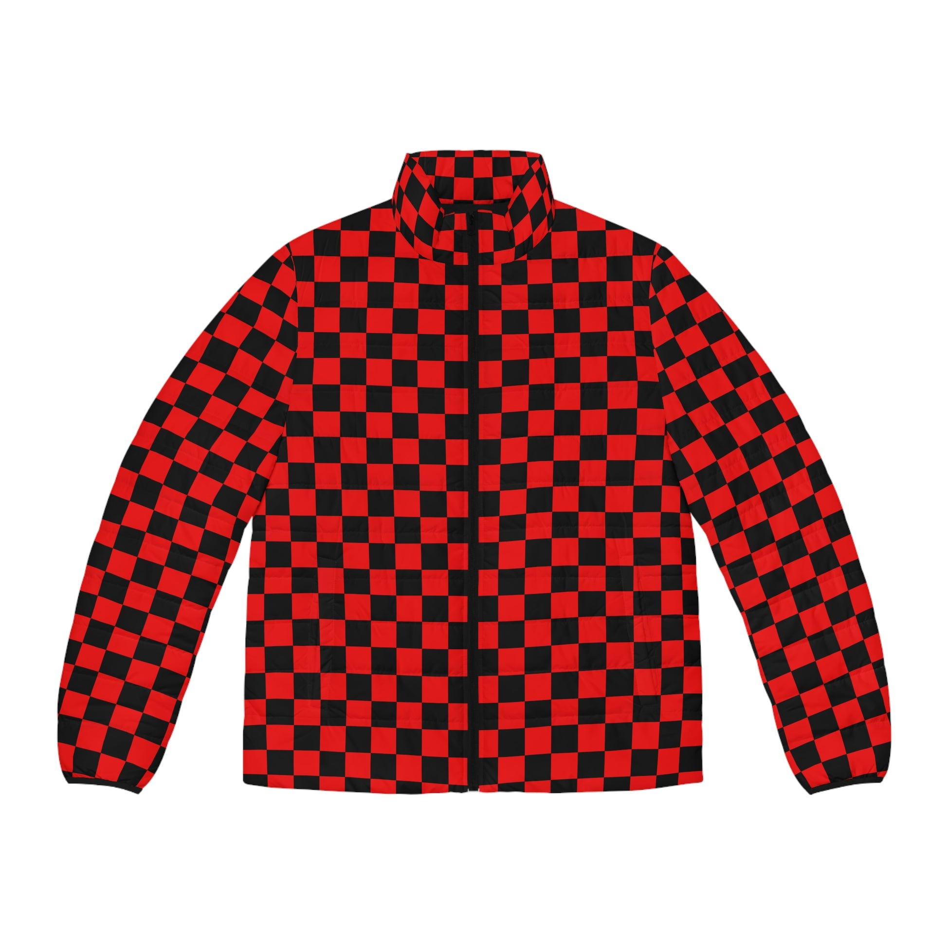 Checkerboard Red and Black Men's Puffer Jacket (AOP), Artsulli - Art is Long, Life is Short, All Over Prints, Size, S, Color, Black zipper, , , 30630507915626546297