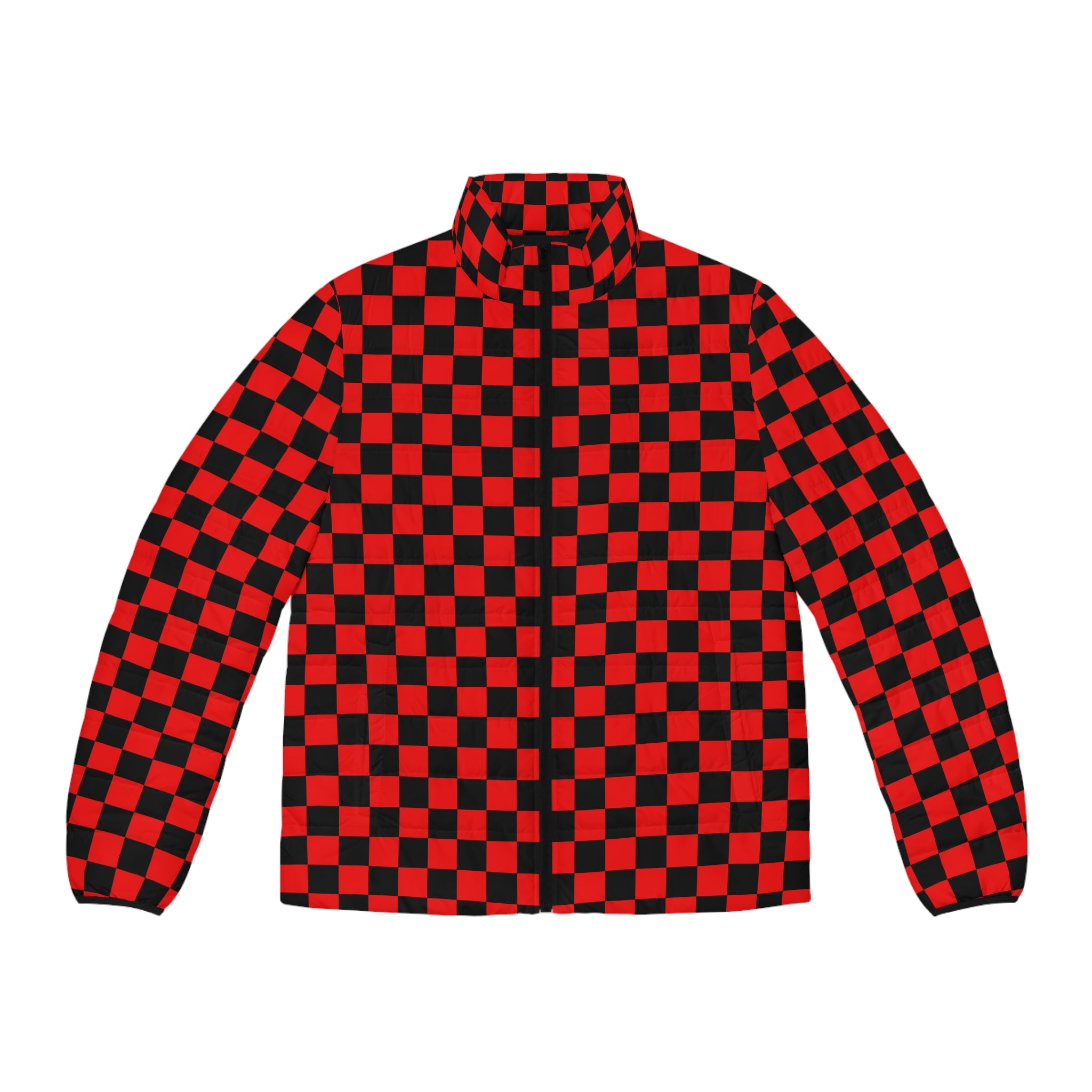 Checkerboard Red and Black Men's Puffer Jacket (AOP), Artsulli - Art is Long, Life is Short, All Over Prints, Size, S, Color, Black zipper, , , 30630507915626546297