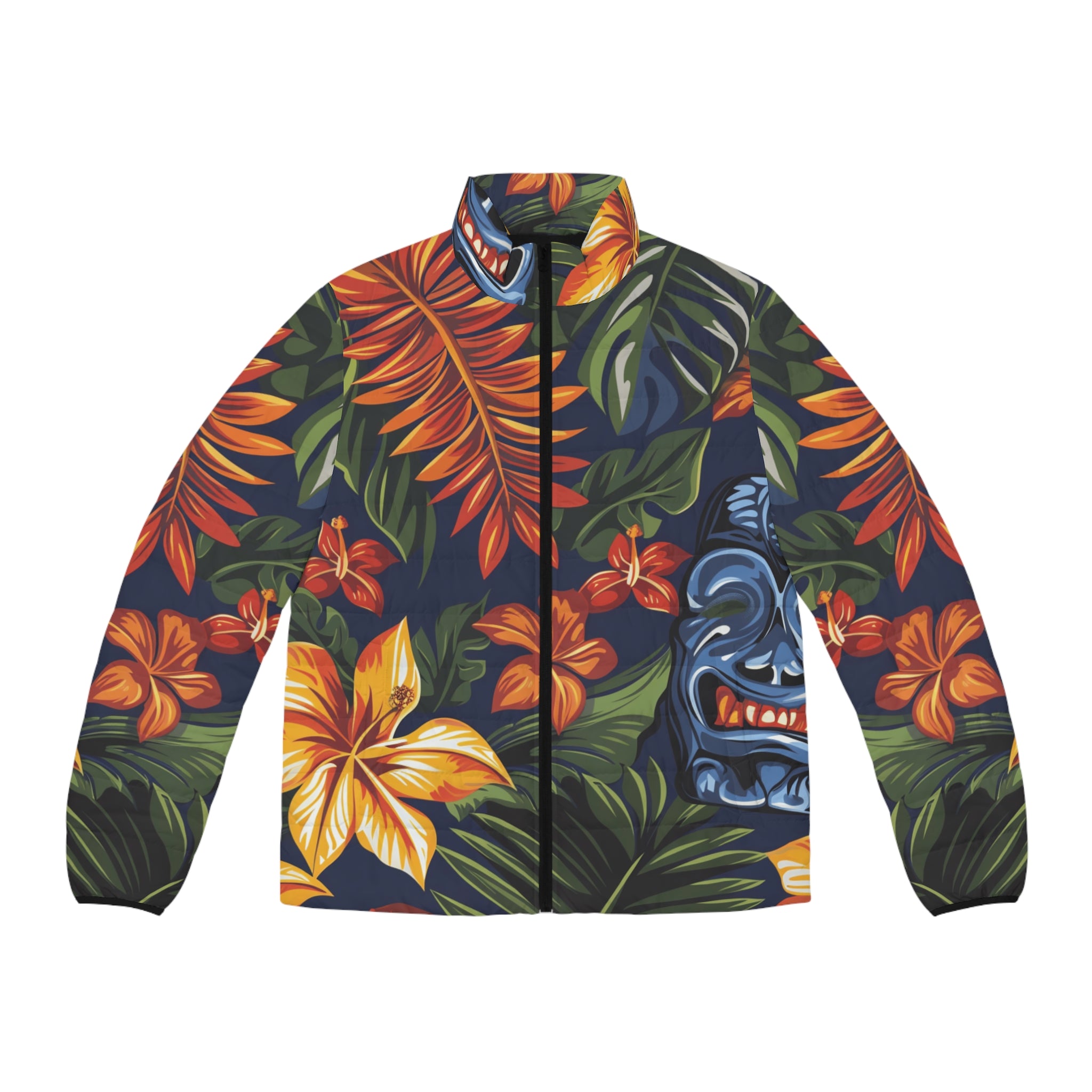 Tiki Bloom Navy Men's Puffer Jacket (AOP), Artsulli - Art is Long, Life is Short, All Over Prints, Size, S, Color, Black zipper, , , 33048392243790954539