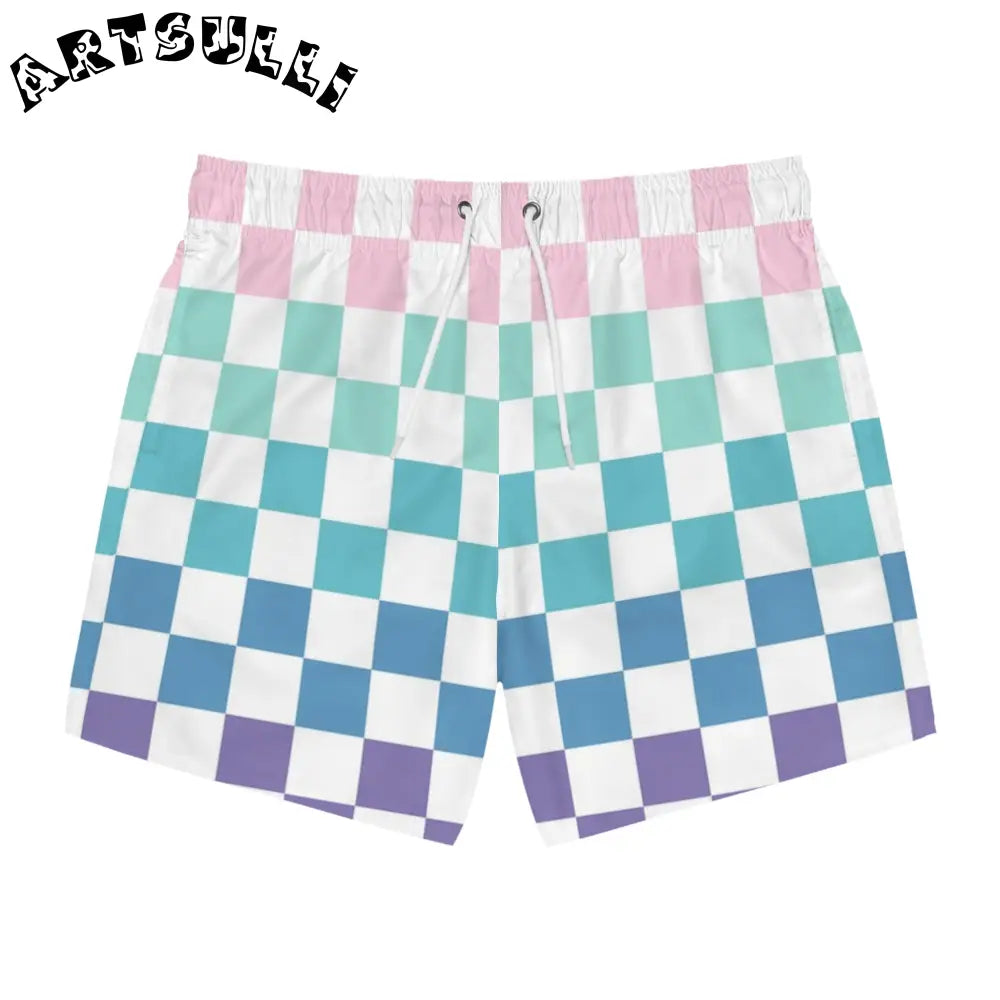 JAKKOUTTHEBXX Vaporwave Rainbow Checkerboard Multi-Color Swim Trunks