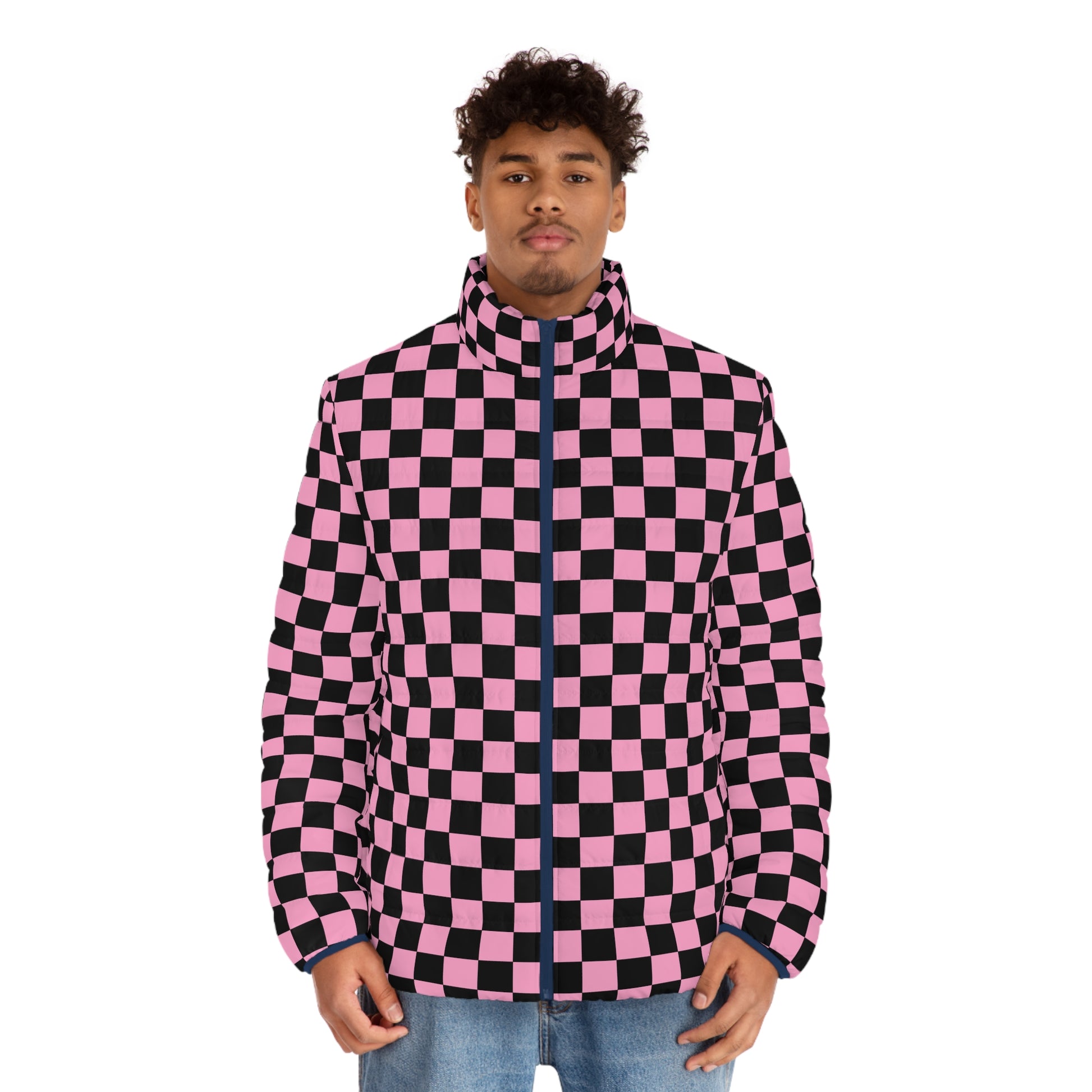 Checkerboard Black and Pink Men's Puffer Jacket (AOP), Artsulli - Art is Long, Life is Short, All Over Prints, , , , , , , 