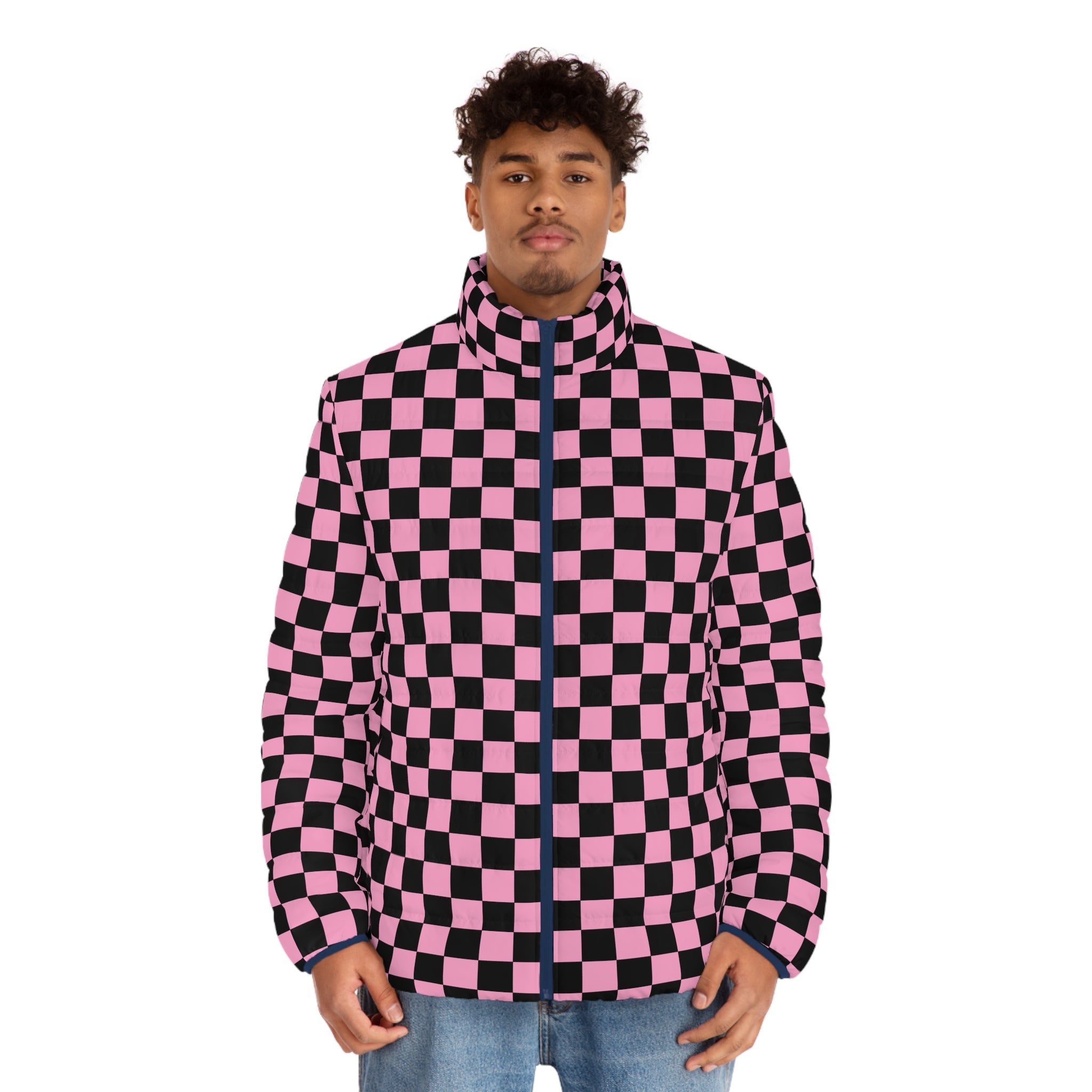 Checkerboard Black and Pink Men's Puffer Jacket (AOP), Artsulli - Art is Long, Life is Short, All Over Prints, , , , , , , 