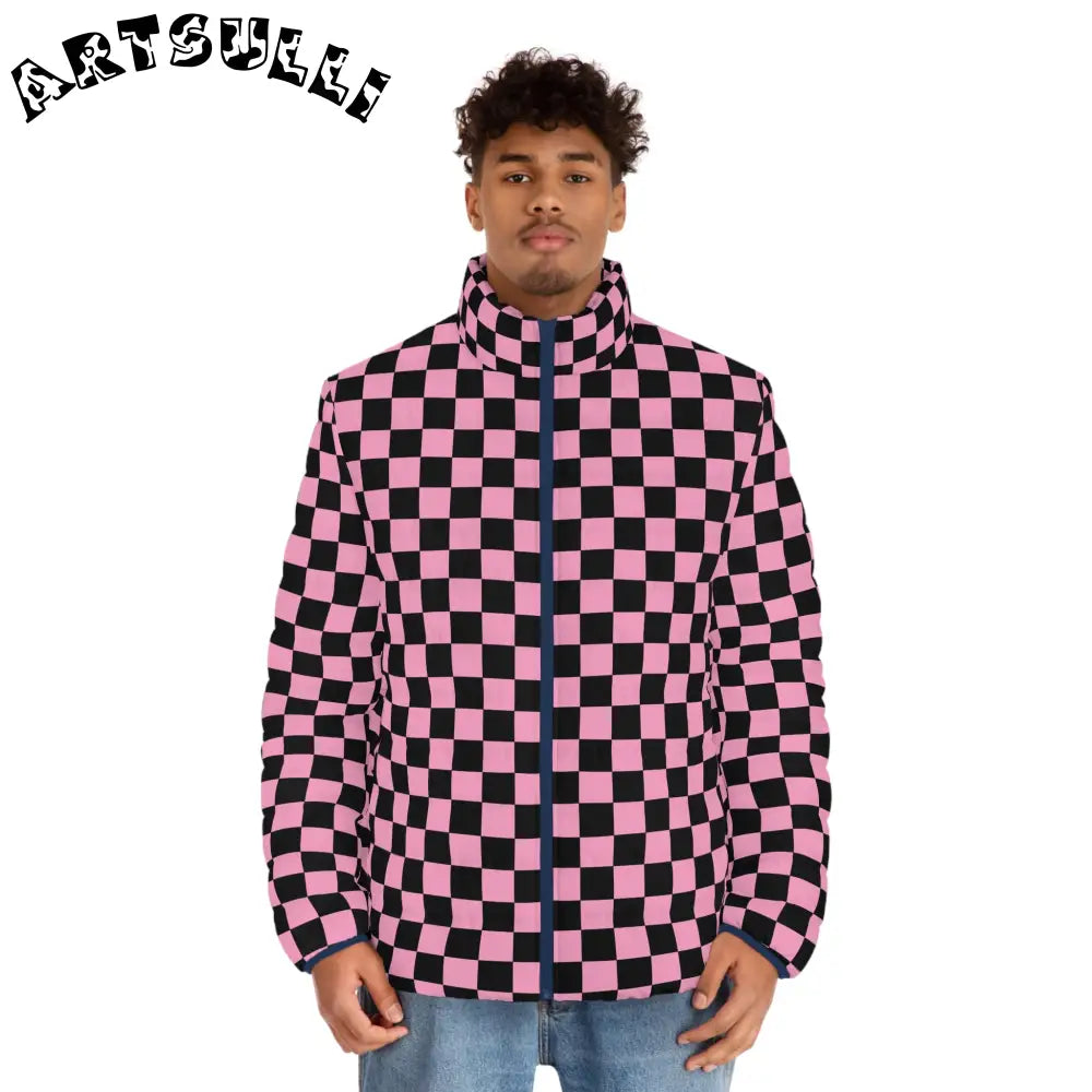 JAKKOUTTHEBXX Checkerboard Black and Pink Men’s Puffer Jacket (AOP)