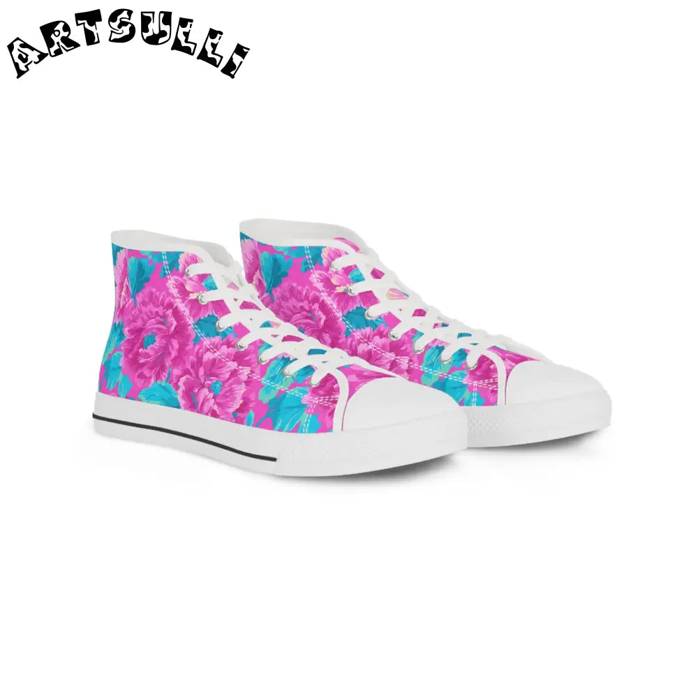 80s Dreamscape Floral Men's High Top Sneakers, Artsulli - Art is Long, Life is Short, Shoes, Size, US 5, Color, White sole, , , 16111676900214897797