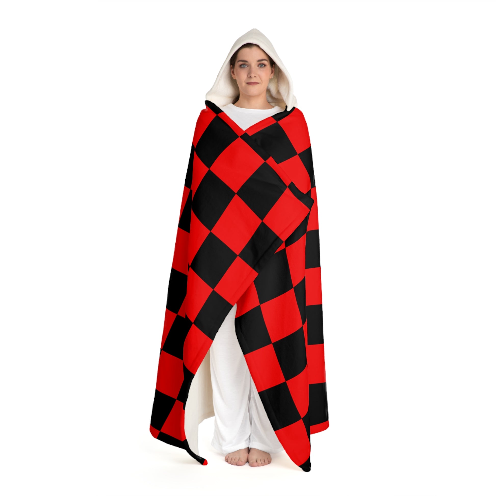 Checkerboard Red and Black Hooded Sherpa Fleece Blanket, Artsulli - Art is Long, Life is Short, All Over Prints, , , , , , , 