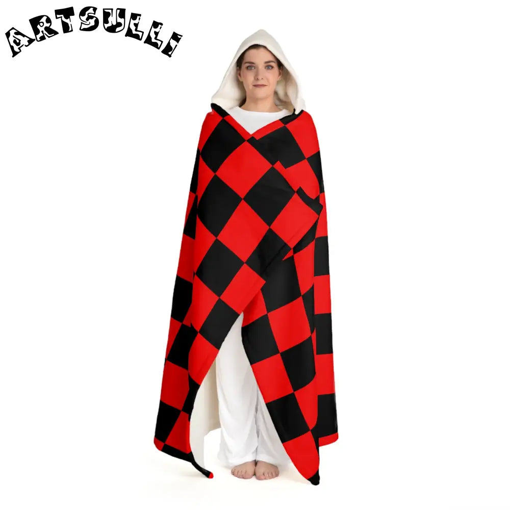 JAKKOUTTHEBXX Checkerboard Red and Black Hooded Sherpa Fleece