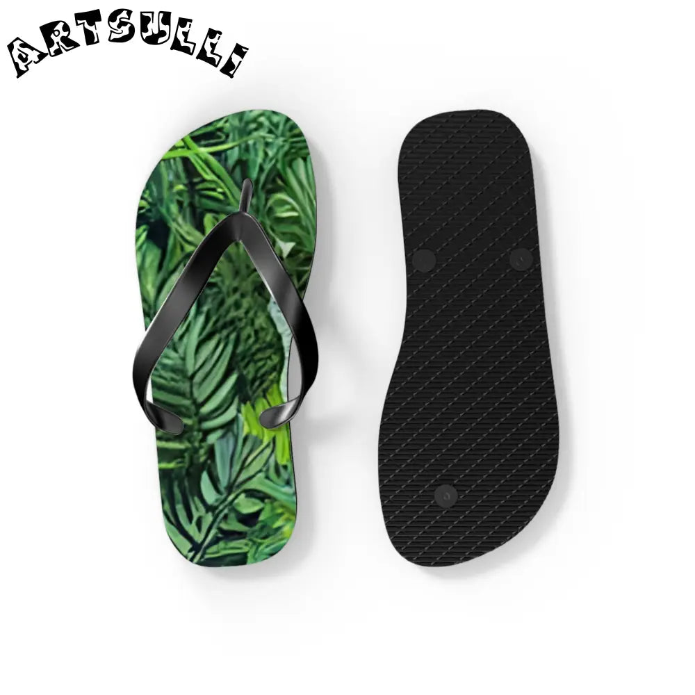 JAKKOUTTHEBXX Black Strapped Flip Flops with Green Leaf Pattern