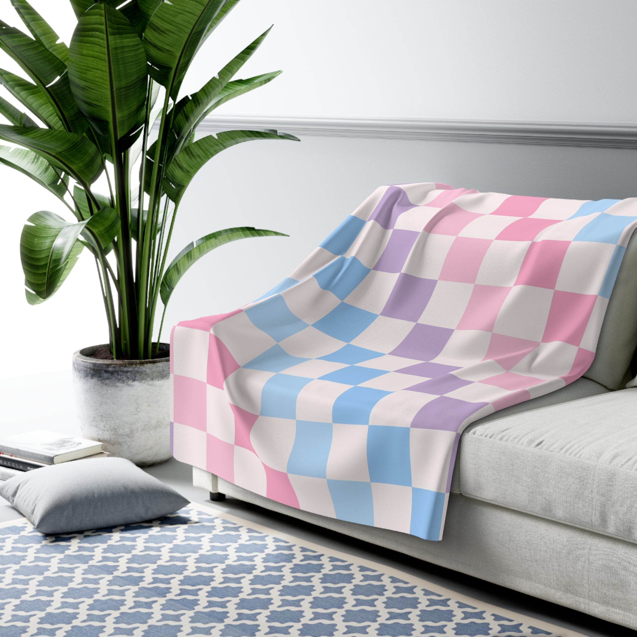 Checkerboard Pink and Blue Sherpa Fleece Blanket, Artsulli - Art is Long, Life is Short, Home Decor, , , , , , , 