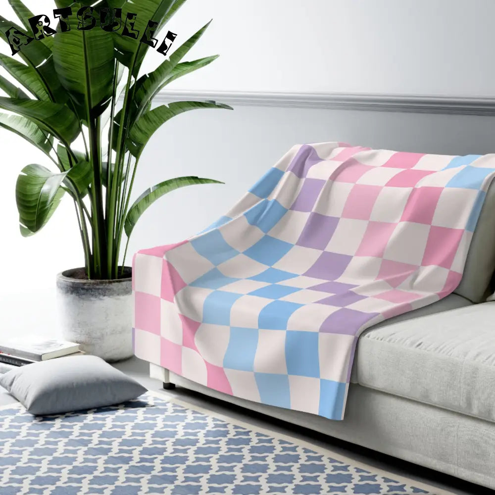 JAKKOUTTHEBXX Checkerboard Pink and Blue Sherpa Fleece Blanket