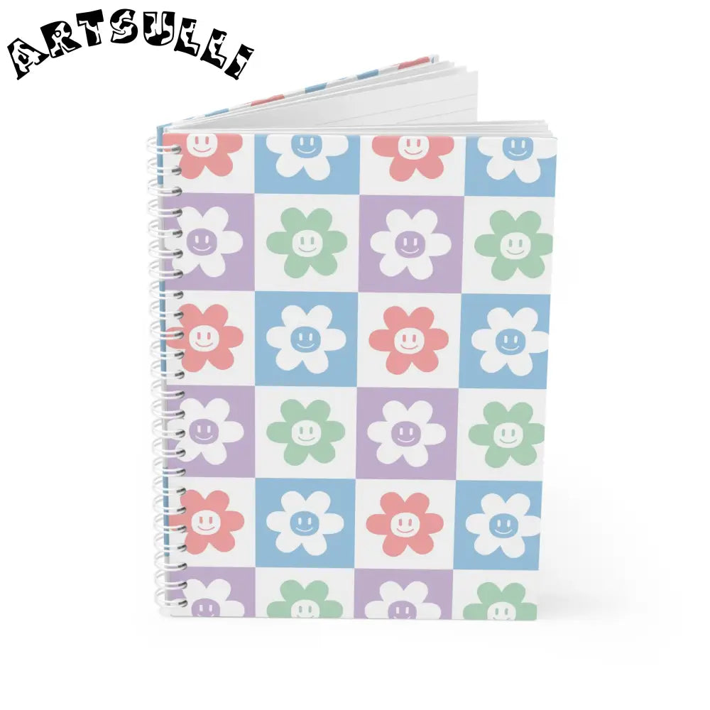 JAKKOUTTHEBXX Smiley Flower Checkered Wide-Ruled Spiral Notebook 2025