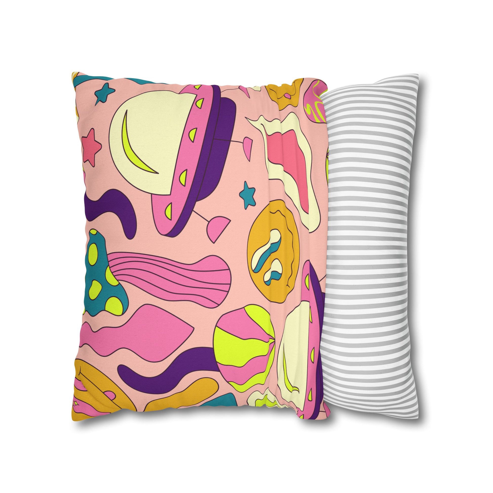 Trippy Spaceships Pink Spun Polyester Square Pillowcase, Artsulli - Art is Long, Life is Short, Home Decor, , , , , , , 