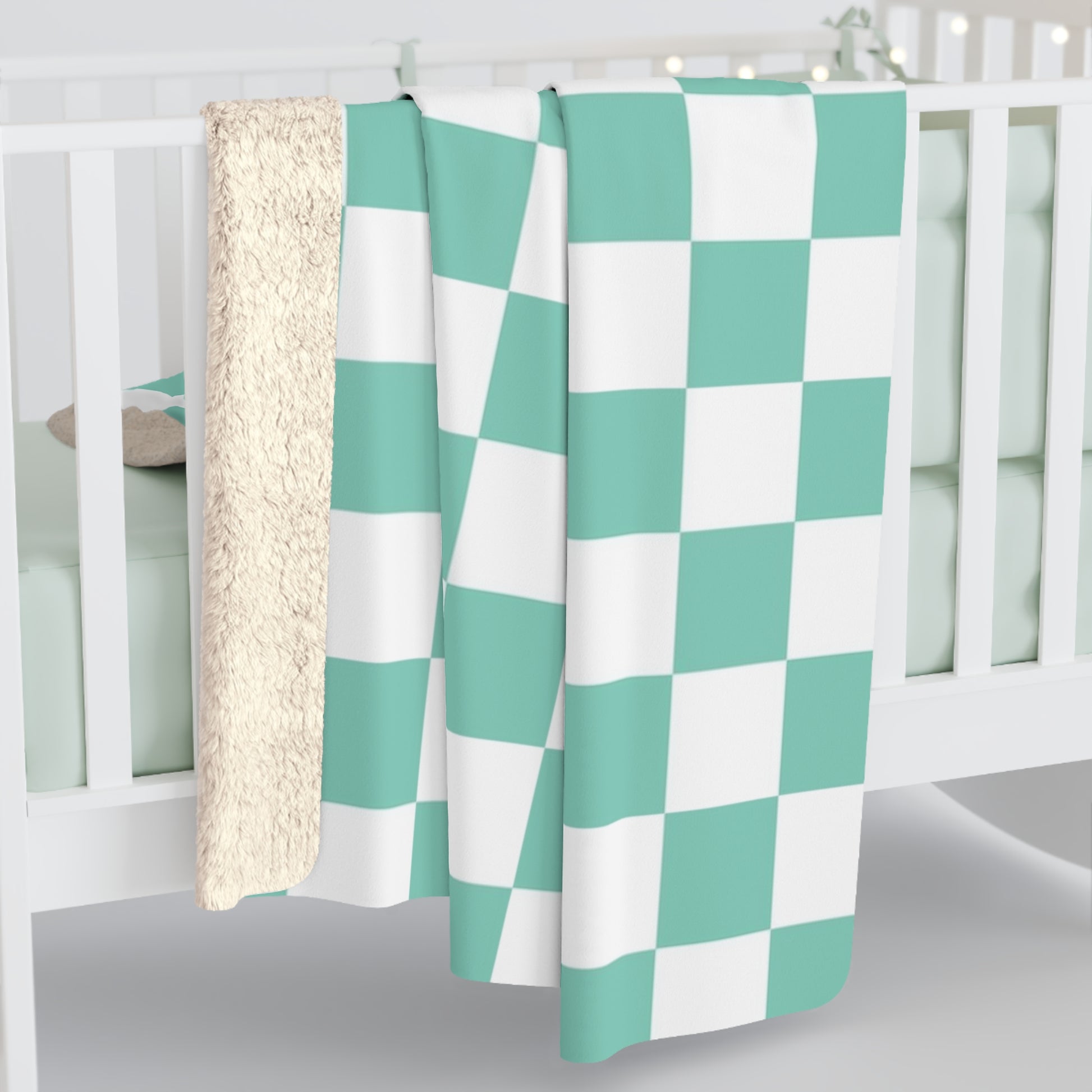 Checkerboard Light Green Sherpa Fleece Blanket, Artsulli - Art is Long, Life is Short, Home Decor, , , , , , , 