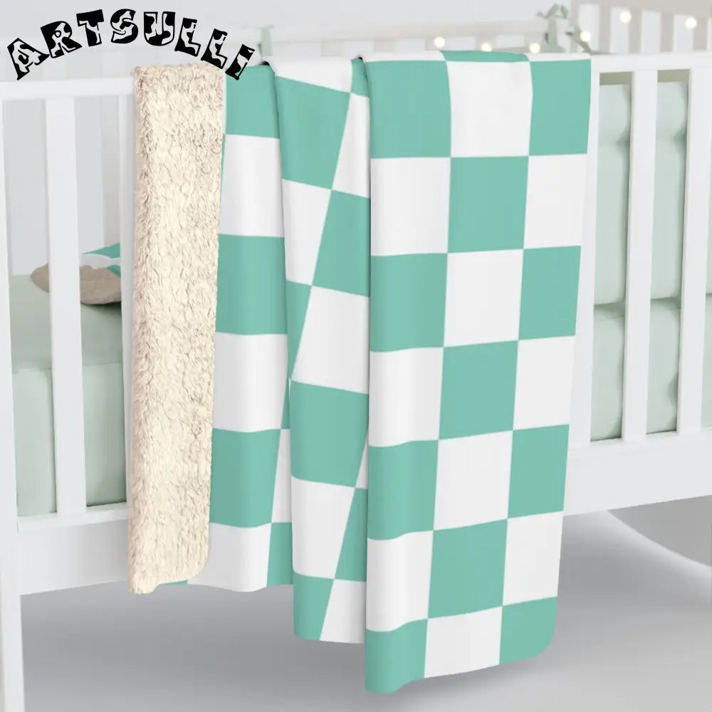 JAKKOUTTHEBXX Checkerboard Light Green Sherpa Fleece Blanket