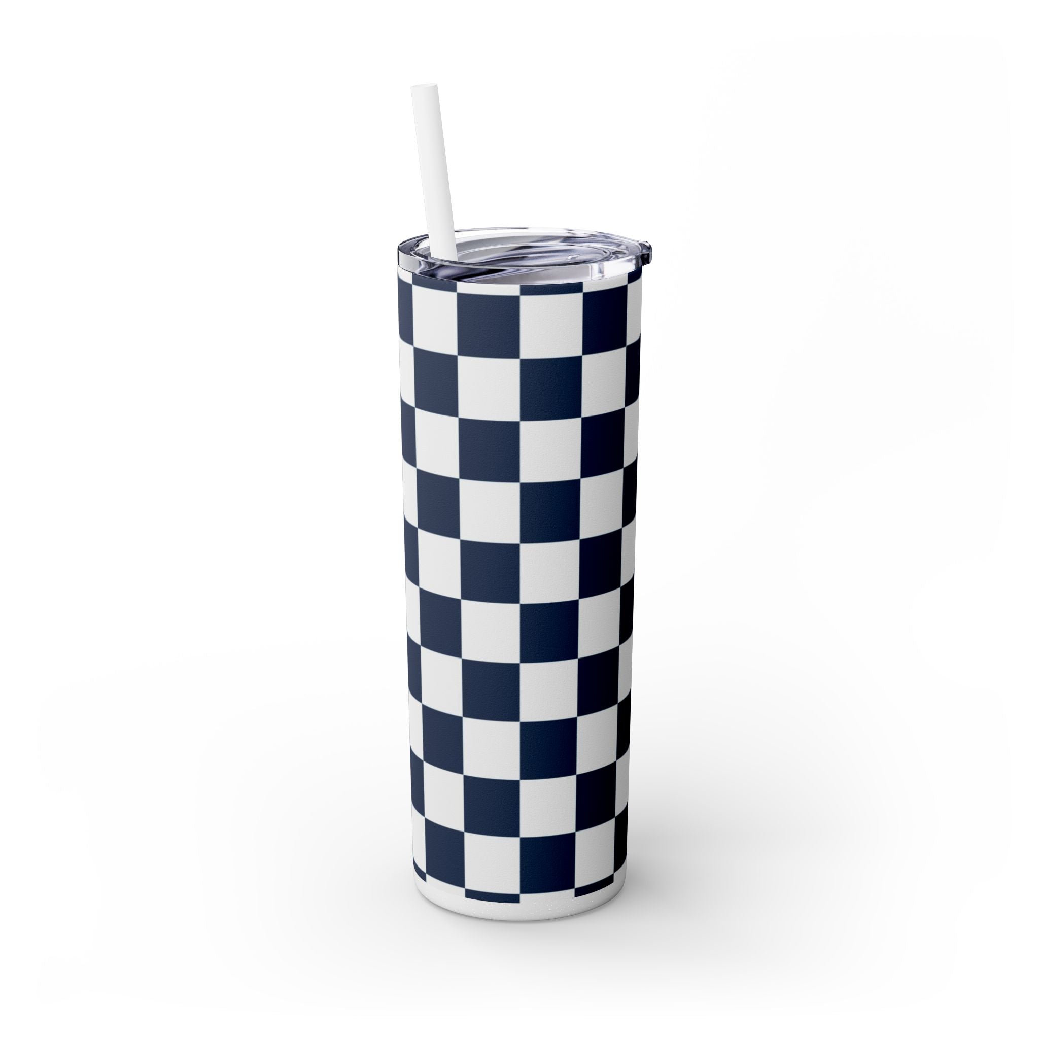 Checkerboard White and Navy Blue Skinny Tumbler with Straw, 20oz, Artsulli - Art is Long, Life is Short, Mug, , , , , , , 