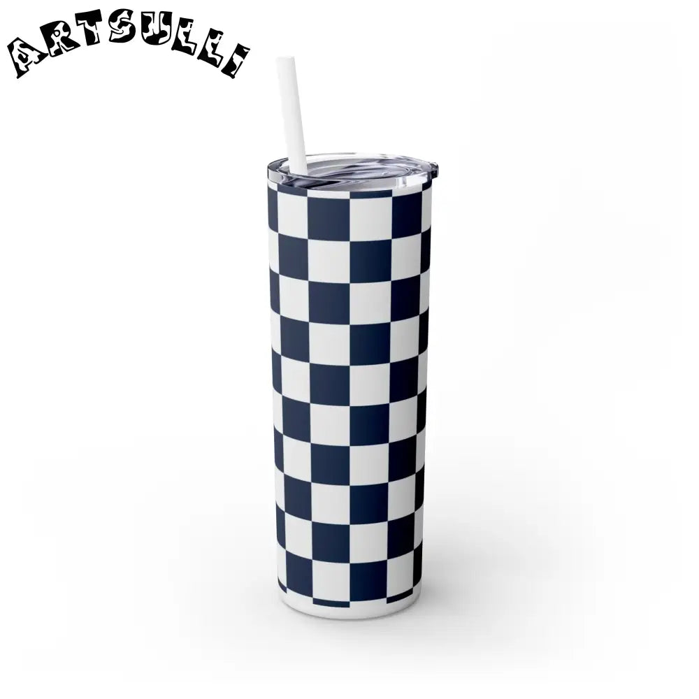 JAKKOUTTHEBXX Checkerboard White and Navy Blue Skinny Tumbler
