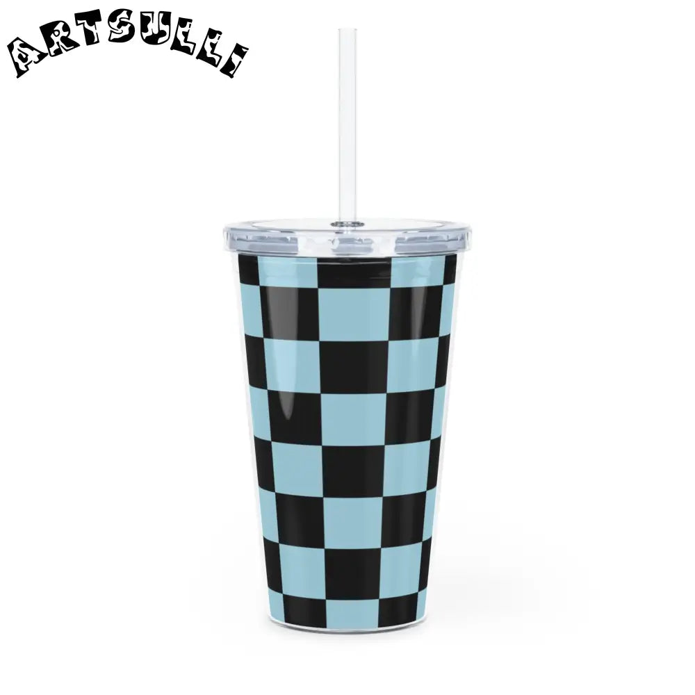 JAKKOUTTHEBXX Checkerboard Black and Blue Plastic Tumbler with Straw