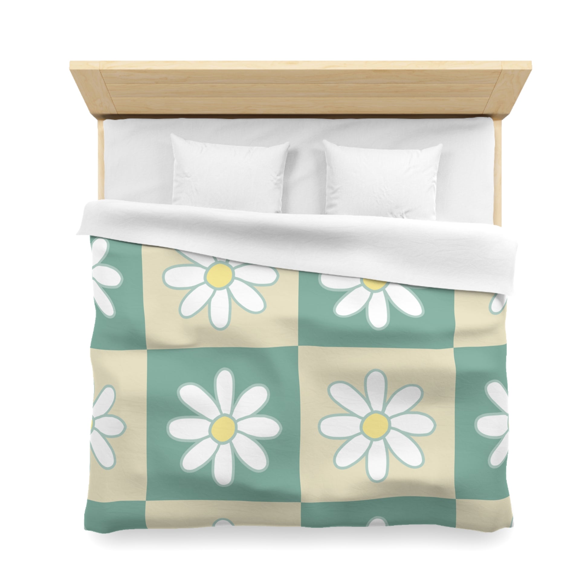 Retro Daisy Checkerboard Green and Tan Microfiber Duvet Cover, Artsulli - Art is Long, Life is Short, Home Decor, , , , , , , 