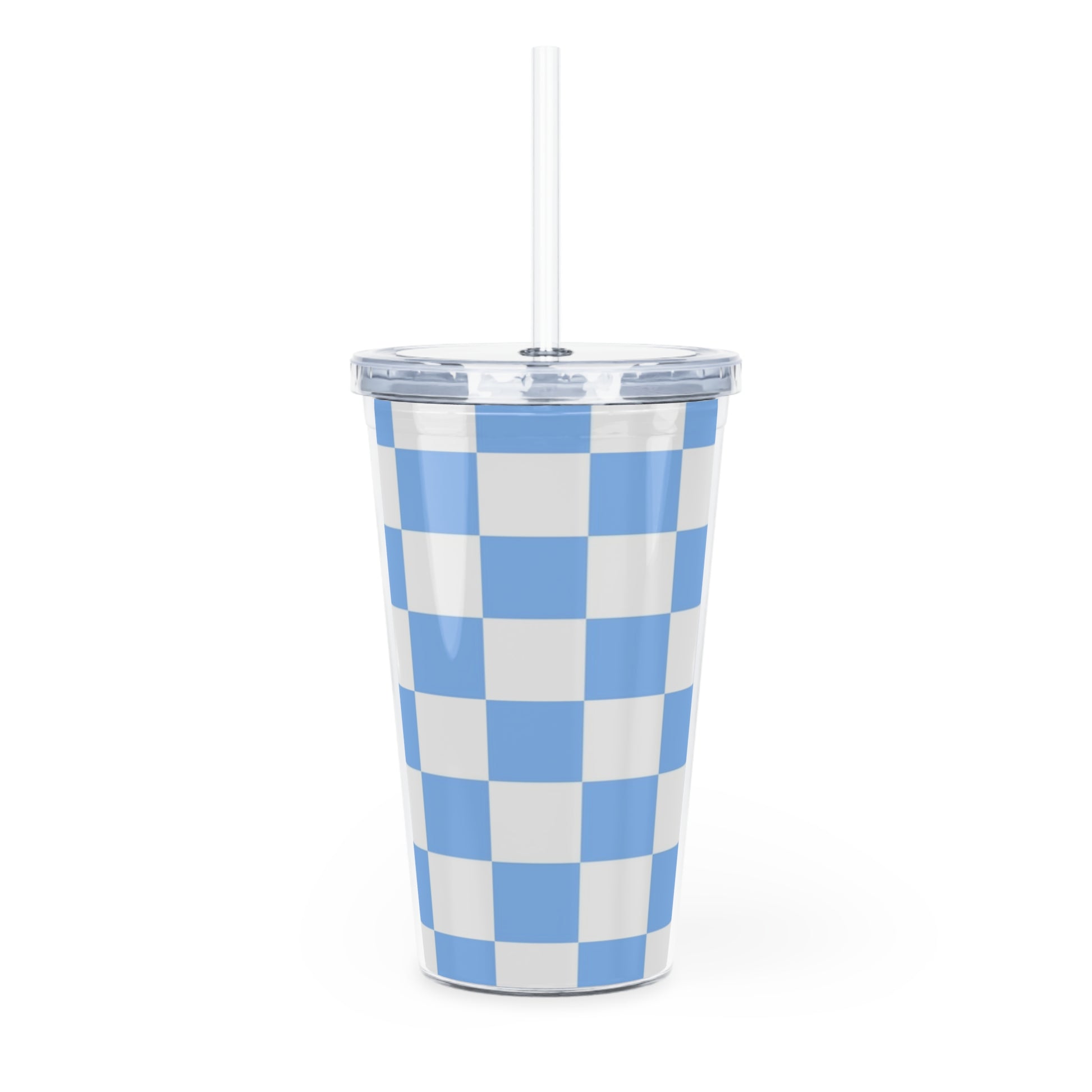 Checkerboard White and Light Blue Plastic Tumbler with Straw, Artsulli - Art is Long, Life is Short, Mug, , , , , , , 